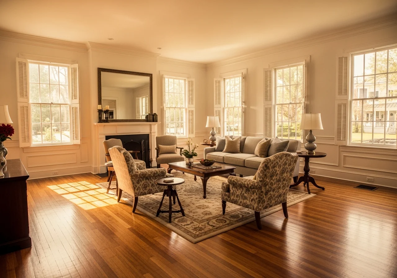 Fully restored living room in a York SC home after reconstruction showing finished walls flooring and trim work