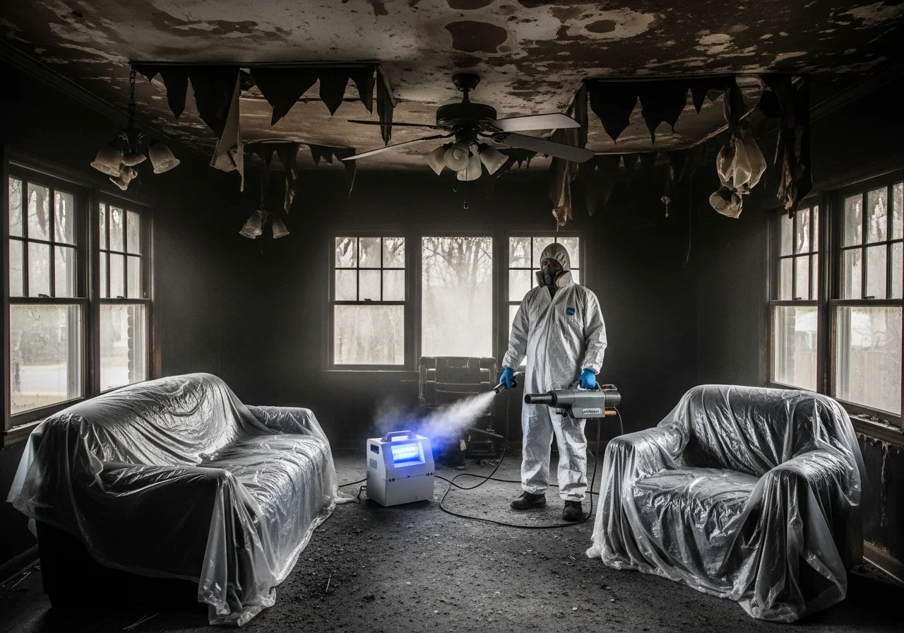 Professional smoke damage remediation technician cleaning soot from walls in a York SC home