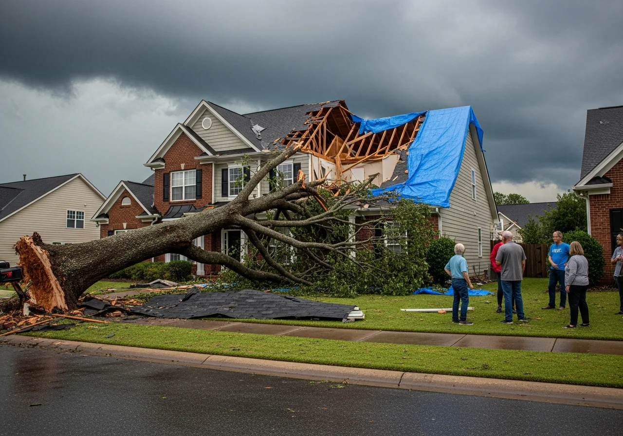 Storm damage to a residential home in York SC showing a fallen tree across the roof with damaged shingles and exposed decking requiring emergency tarping and restoration