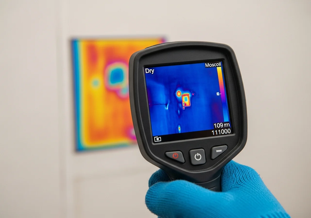 Palm Build technician using thermal imaging camera to detect hidden moisture in a York SC home for insurance documentation