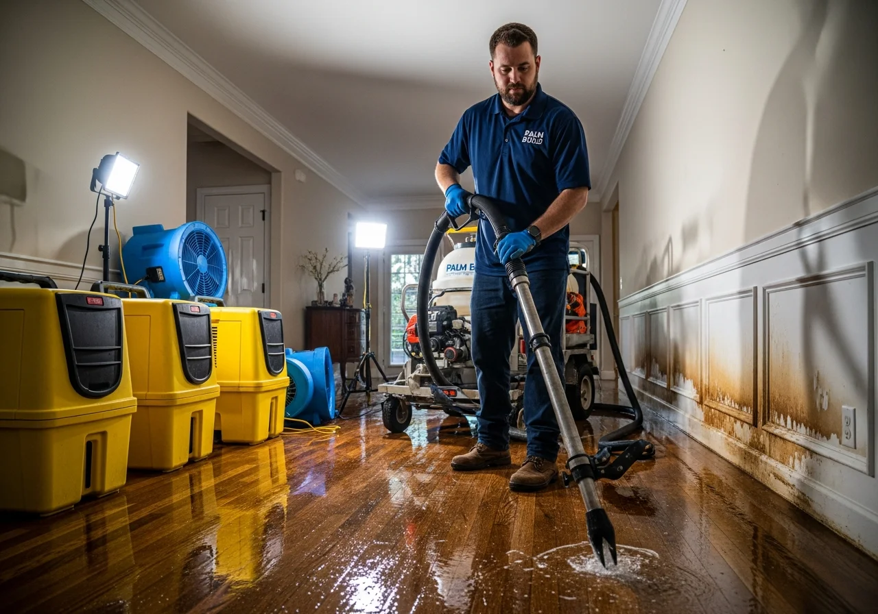 Palm Build technician performing water extraction on flooded floors in a York SC home