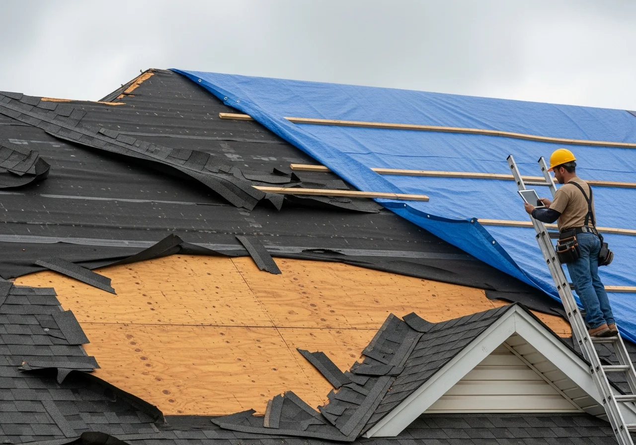 Palm Build technician inspecting wind damage to roof shingles on a York SC home after severe thunderstorm