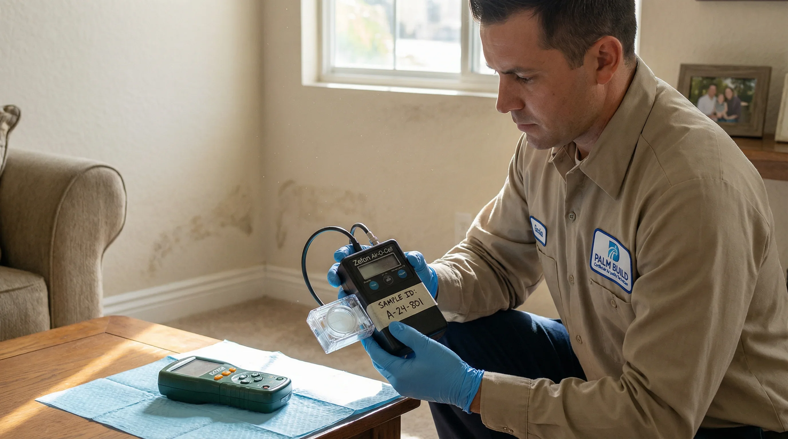 Indoor air quality mold testing equipment deployed during professional mold inspection