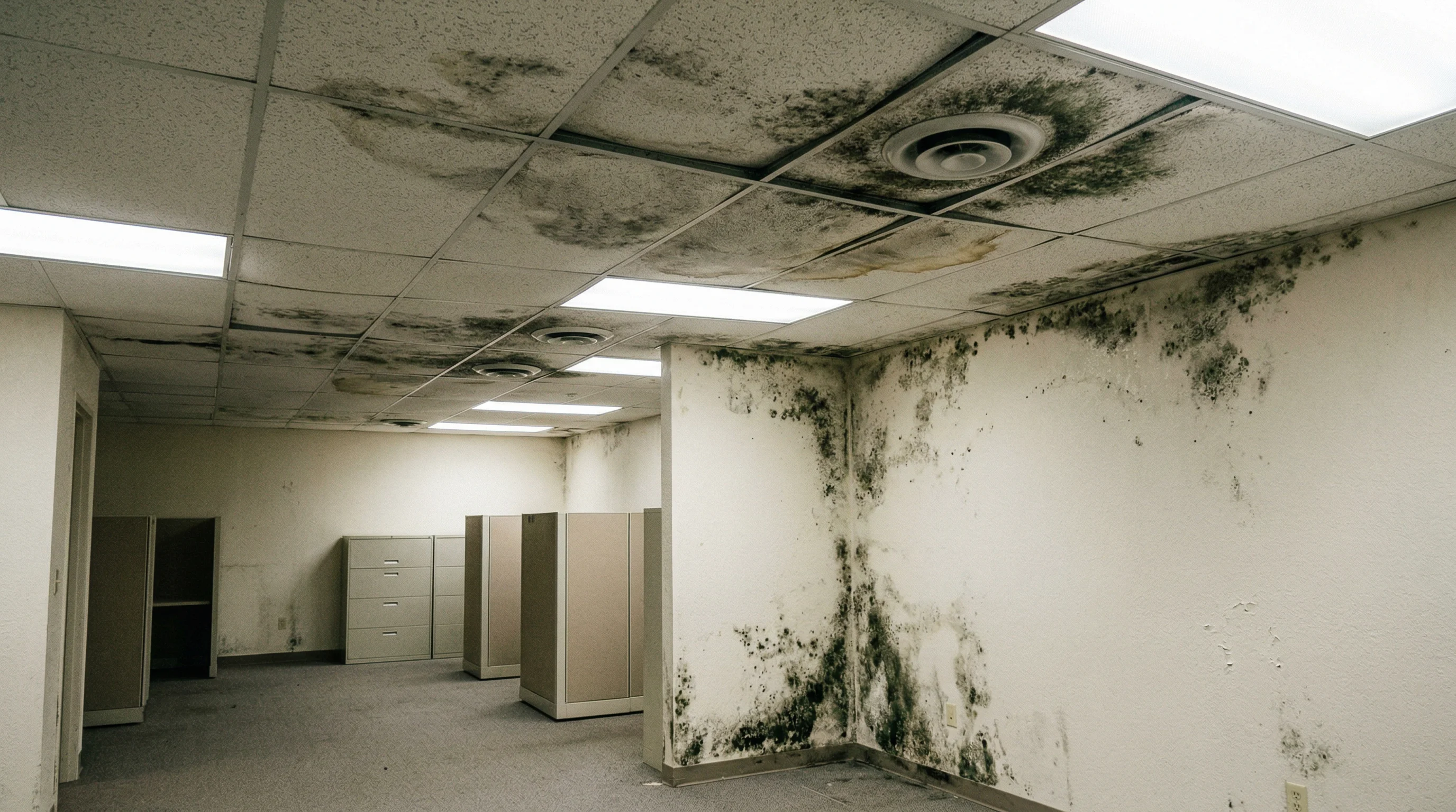 Commercial office interior with mold contamination requiring professional remediation
