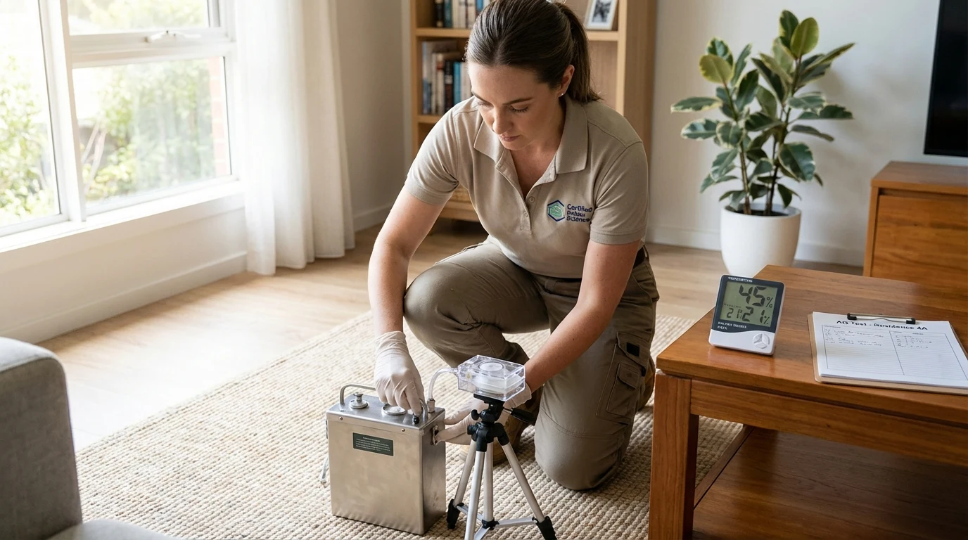 Technician collecting indoor air sample for mold analysis