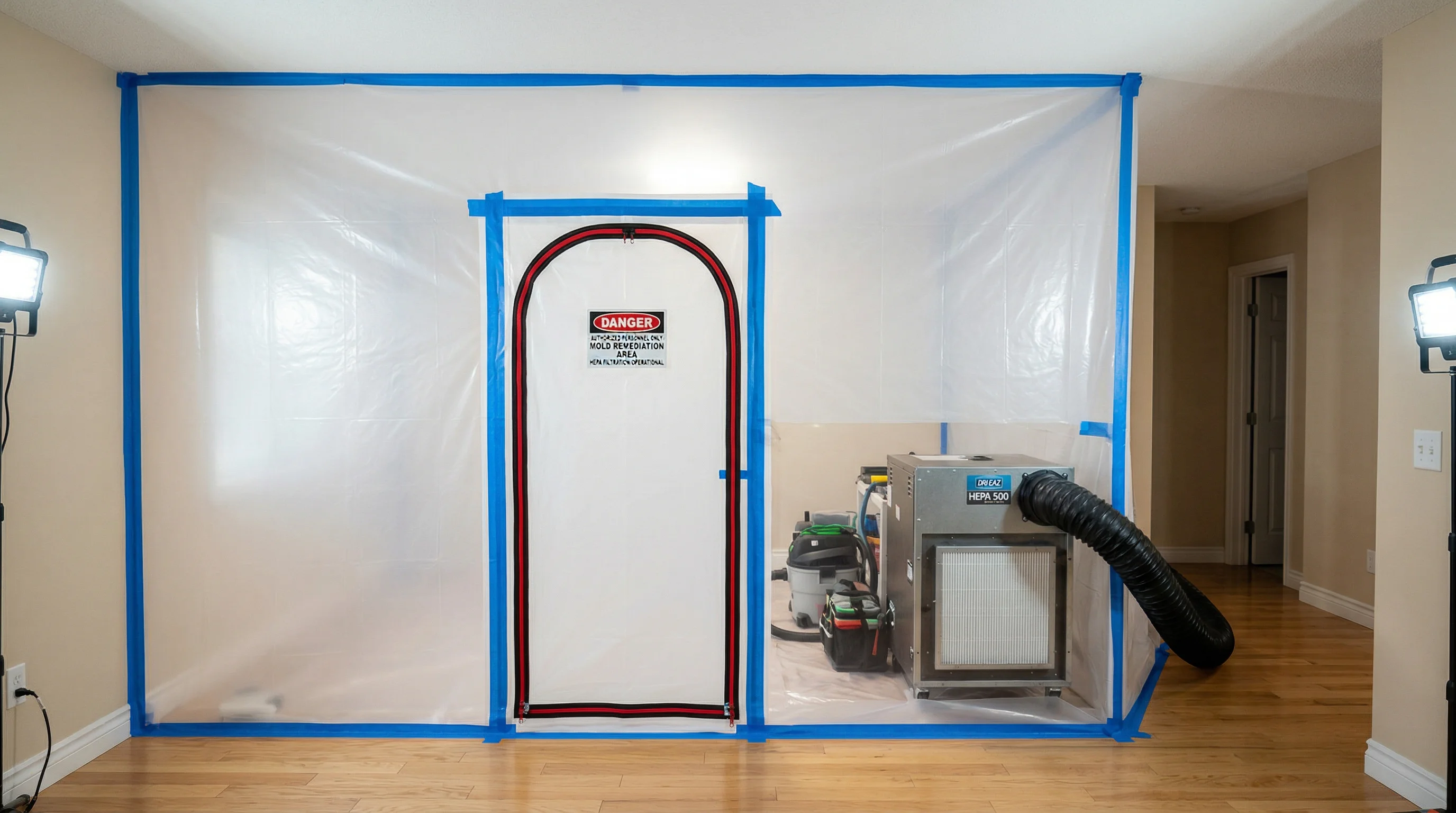 Containment barrier and negative air setup during mold remediation