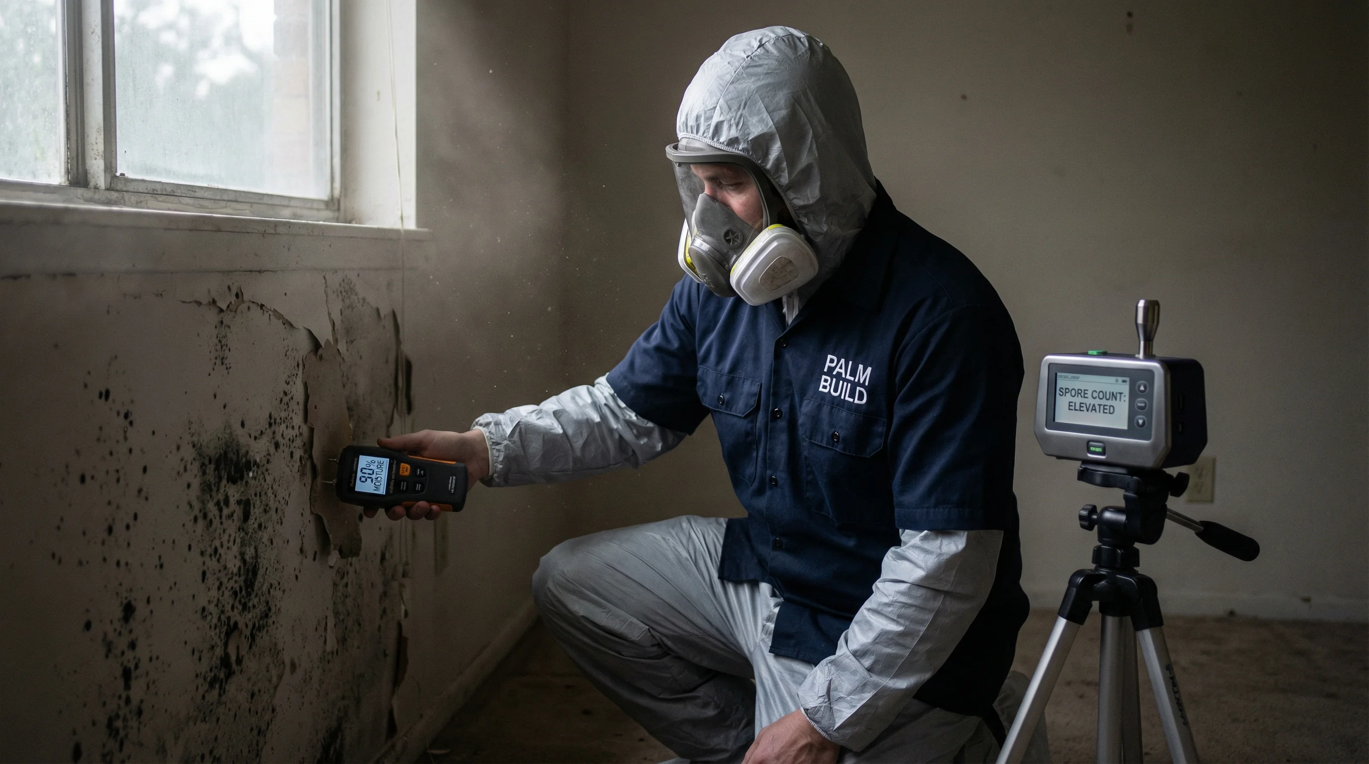 Mold remediation specialist in Palm Build uniform conducting professional inspection and air quality testing