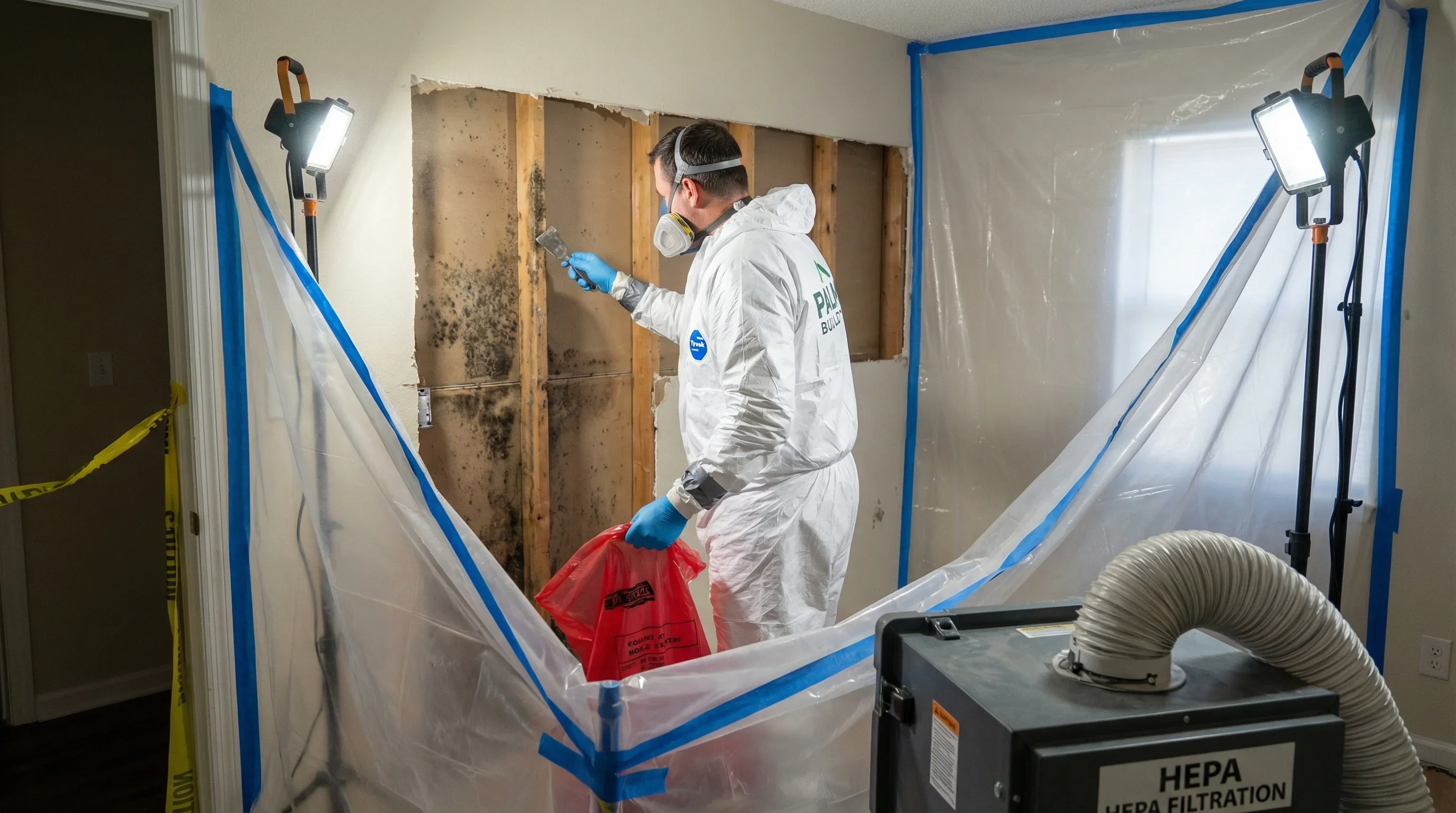 Mold remediation technician in full PPE performing safe removal inside containment