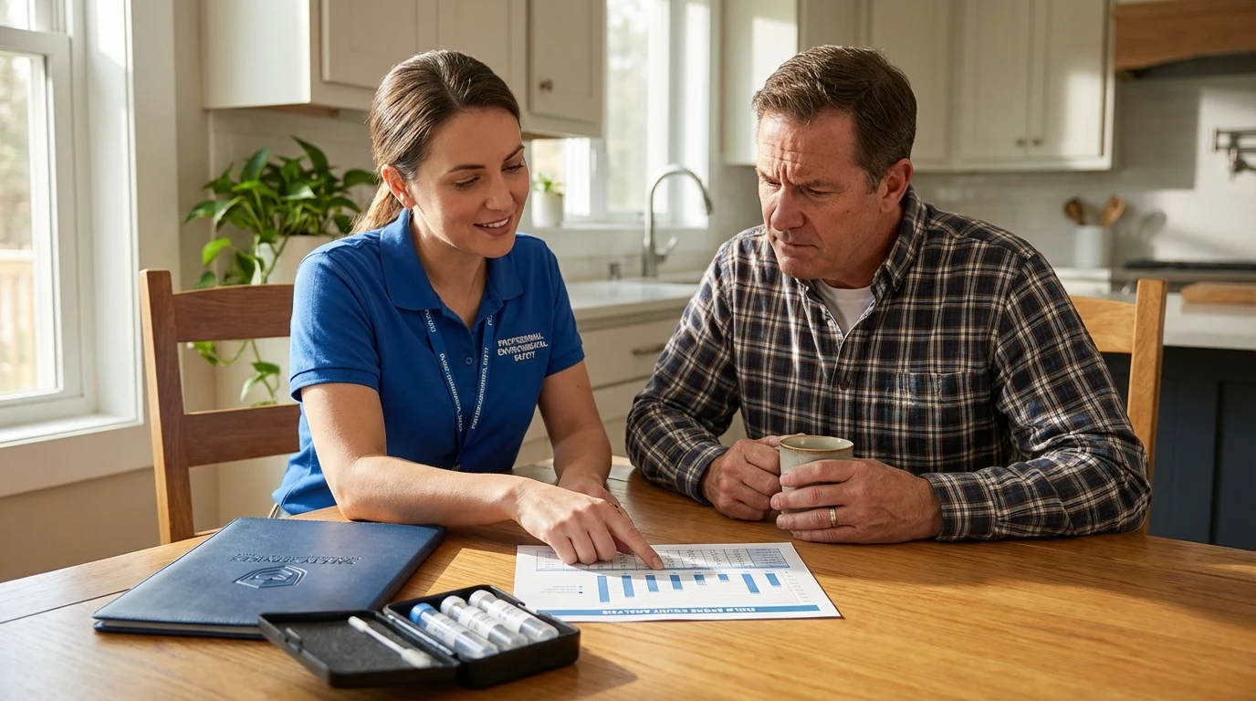 Mold testing specialist reviewing lab report with homeowner