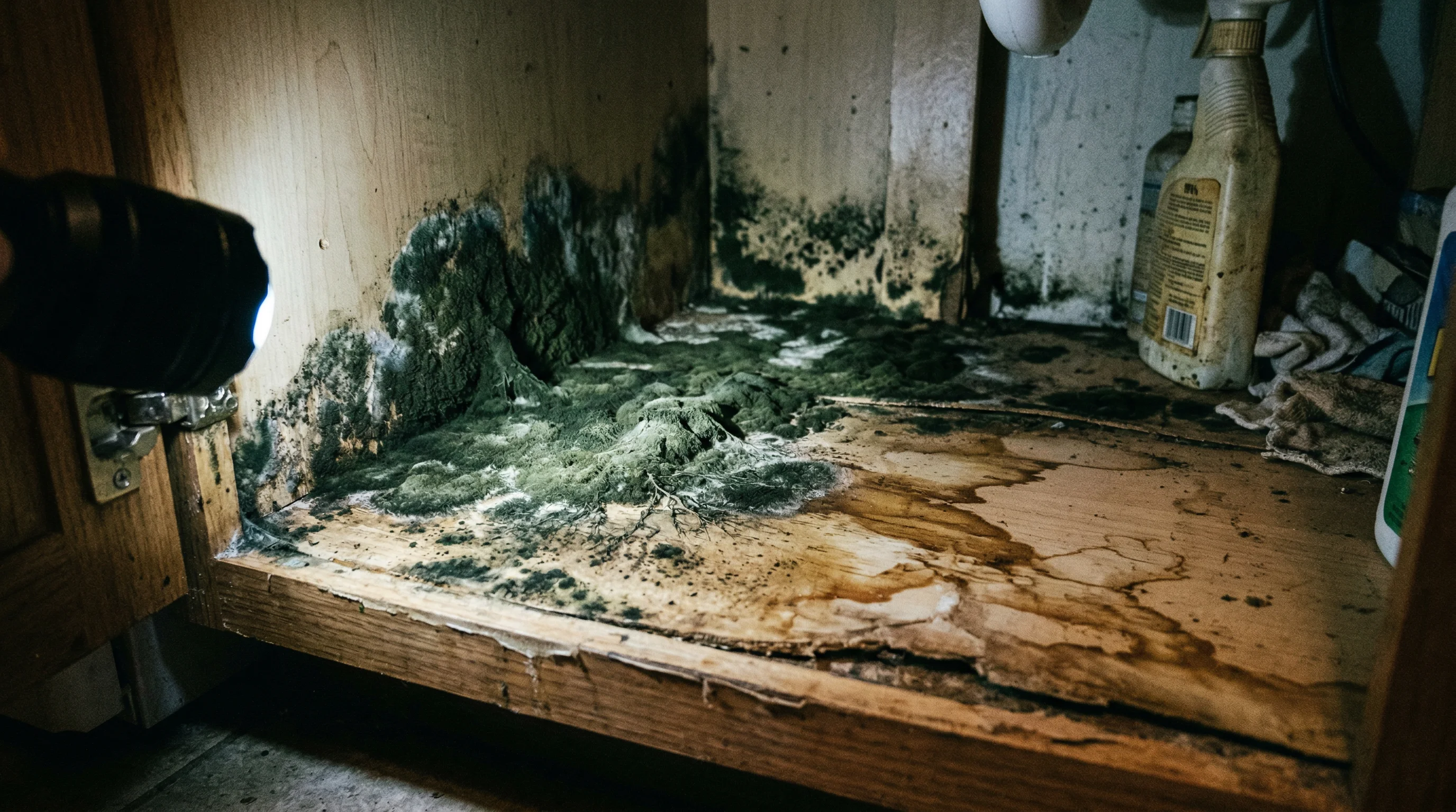 Mold growth under sink from plumbing leak