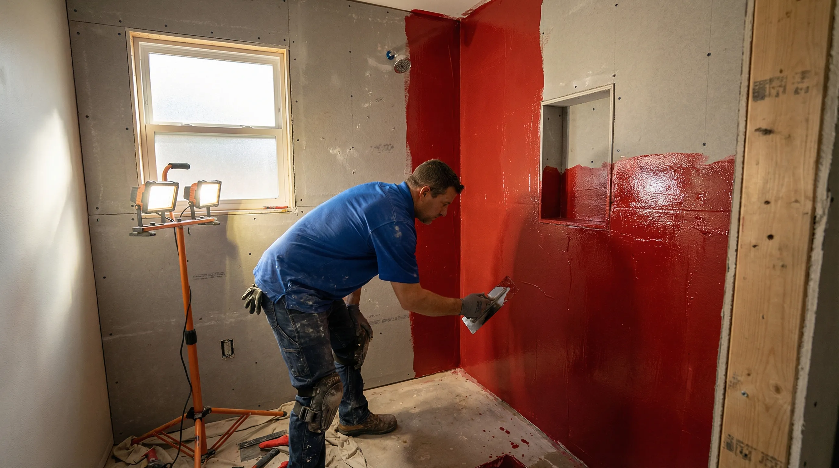 Red waterproof membrane being applied to cement board in shower stall