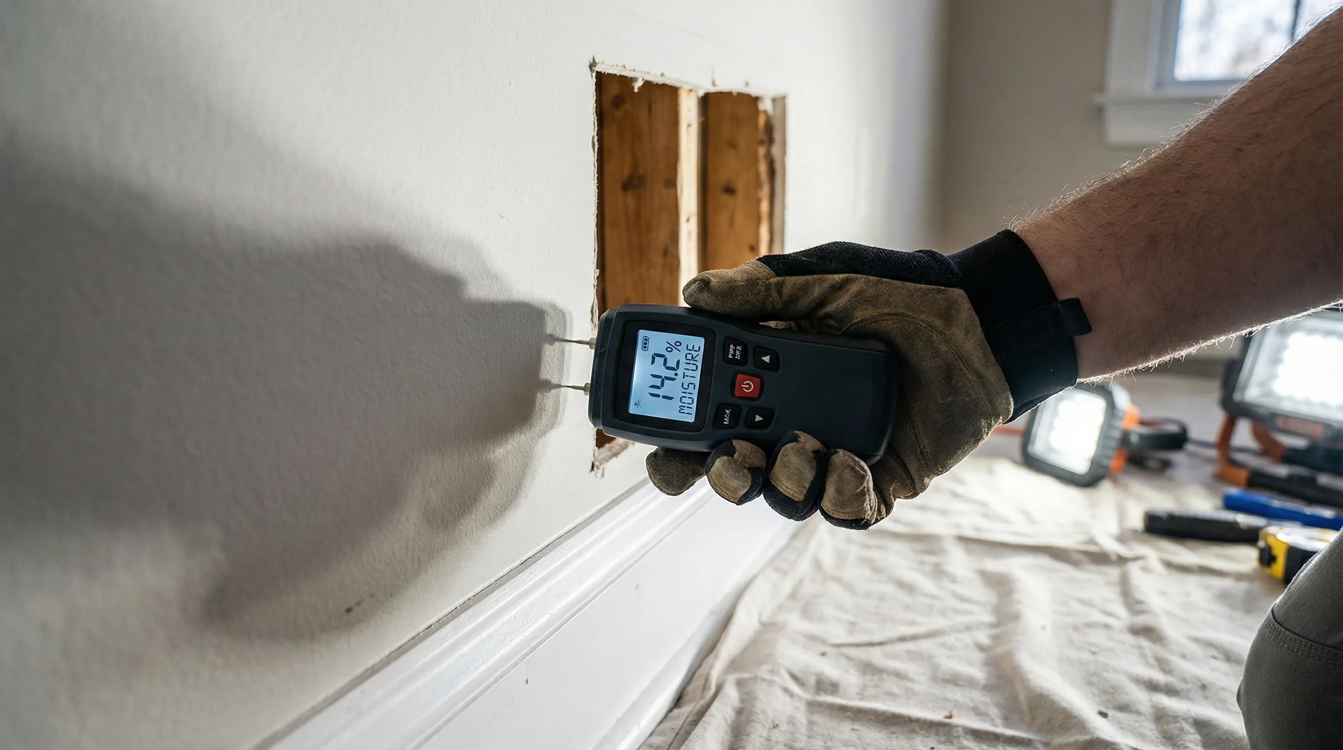 Moisture meter reading on drywall near baseboard