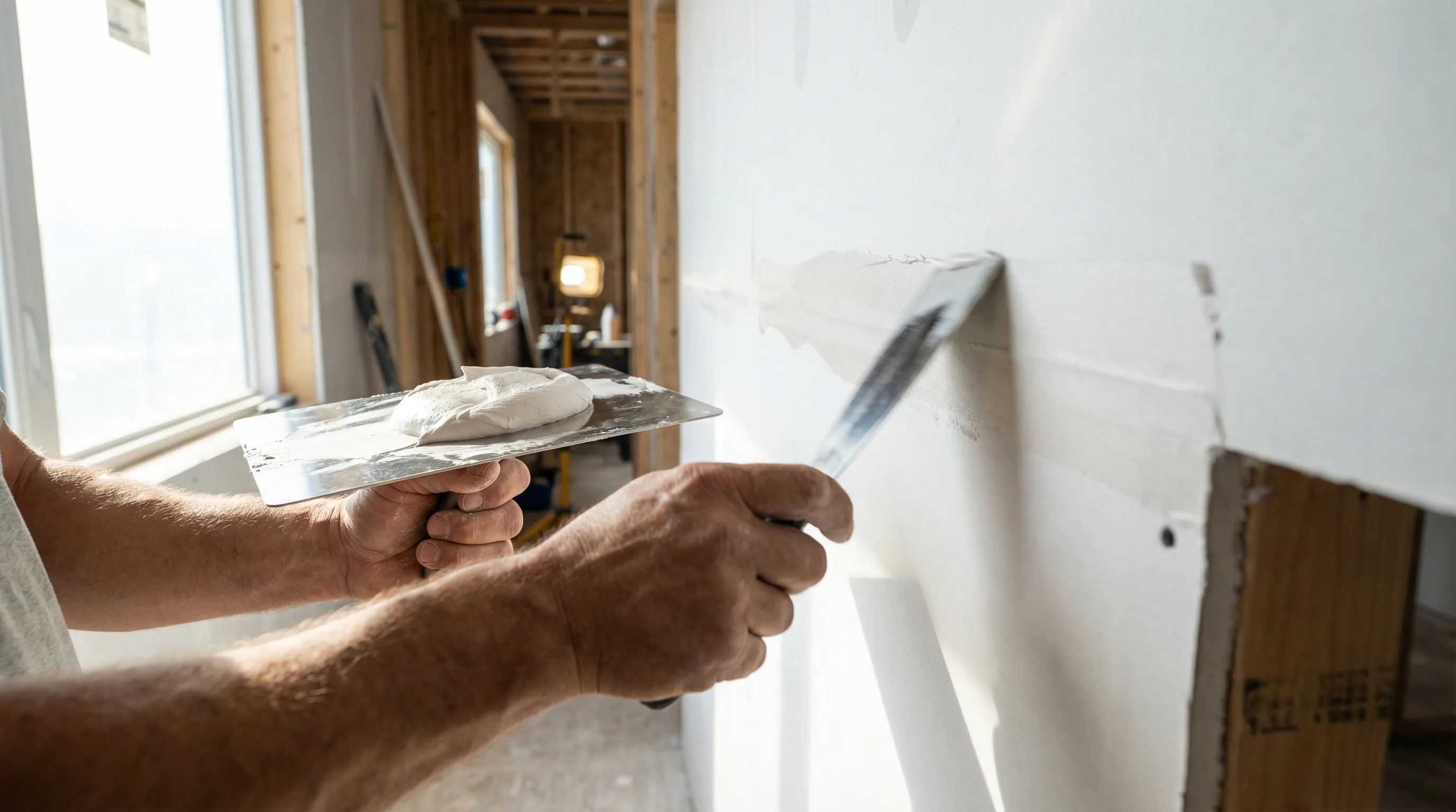 Worker applying joint compound to drywall seams during reconstruction