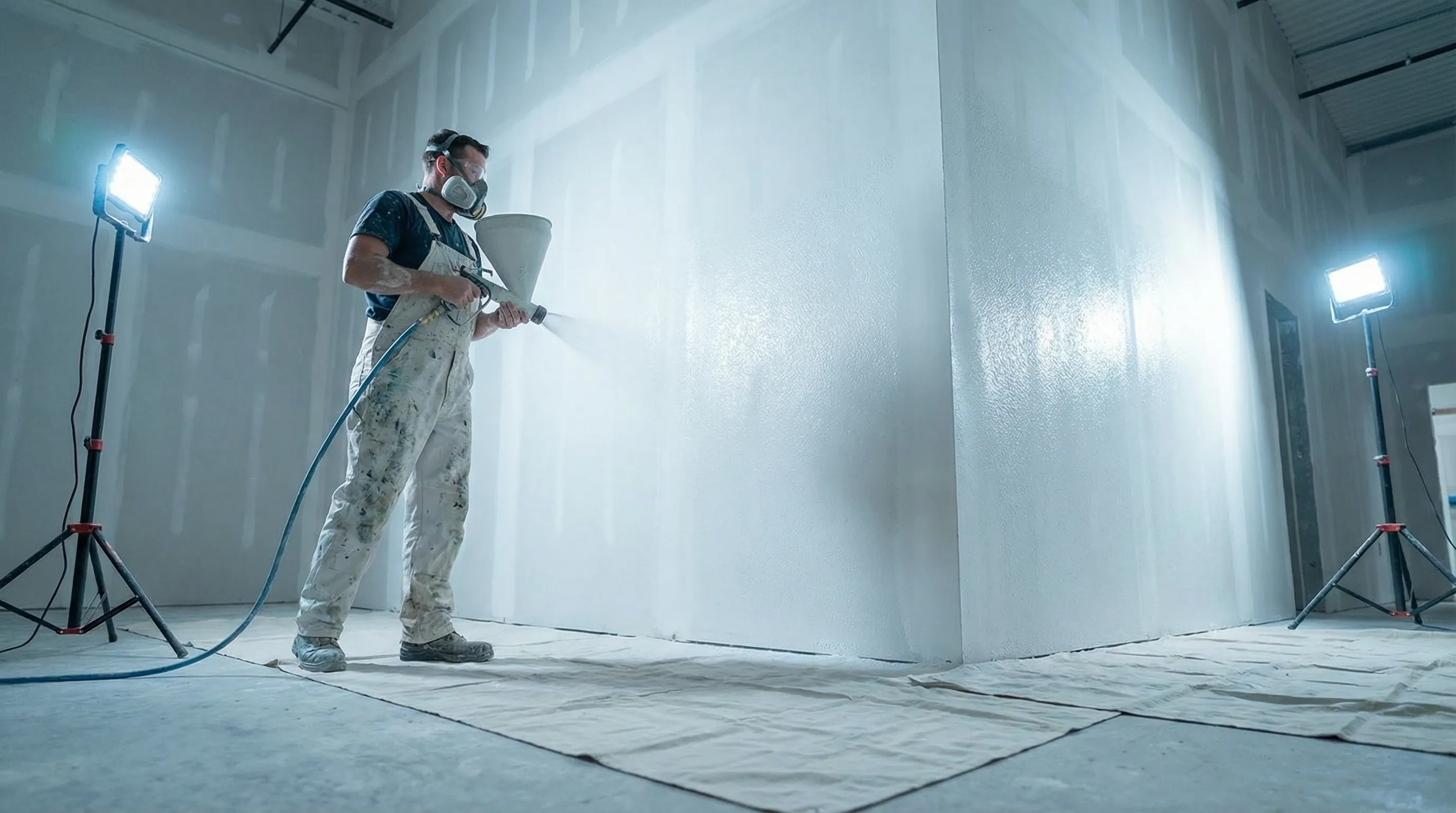 Professional applying spray texture to match existing wall texture