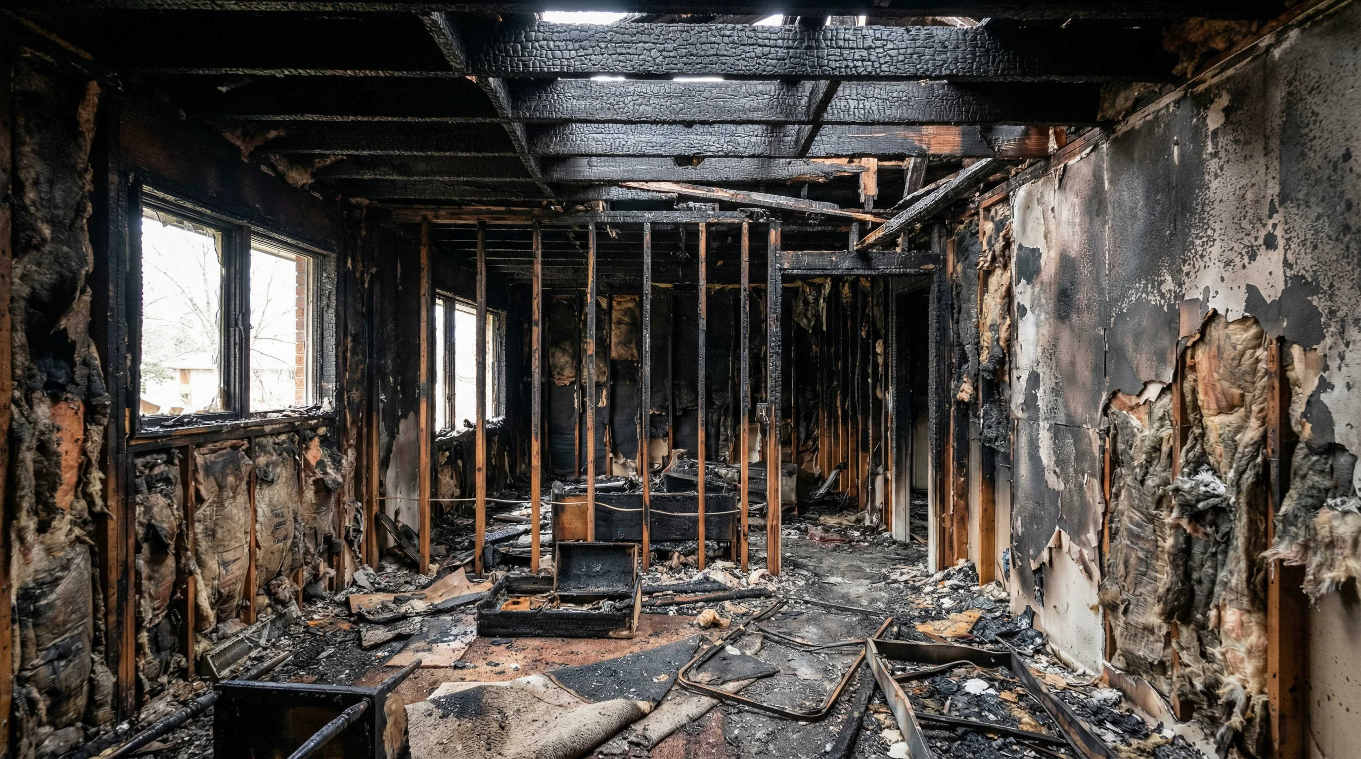 Extensive fire damage to residential structure with charred framing requiring complete reconstruction