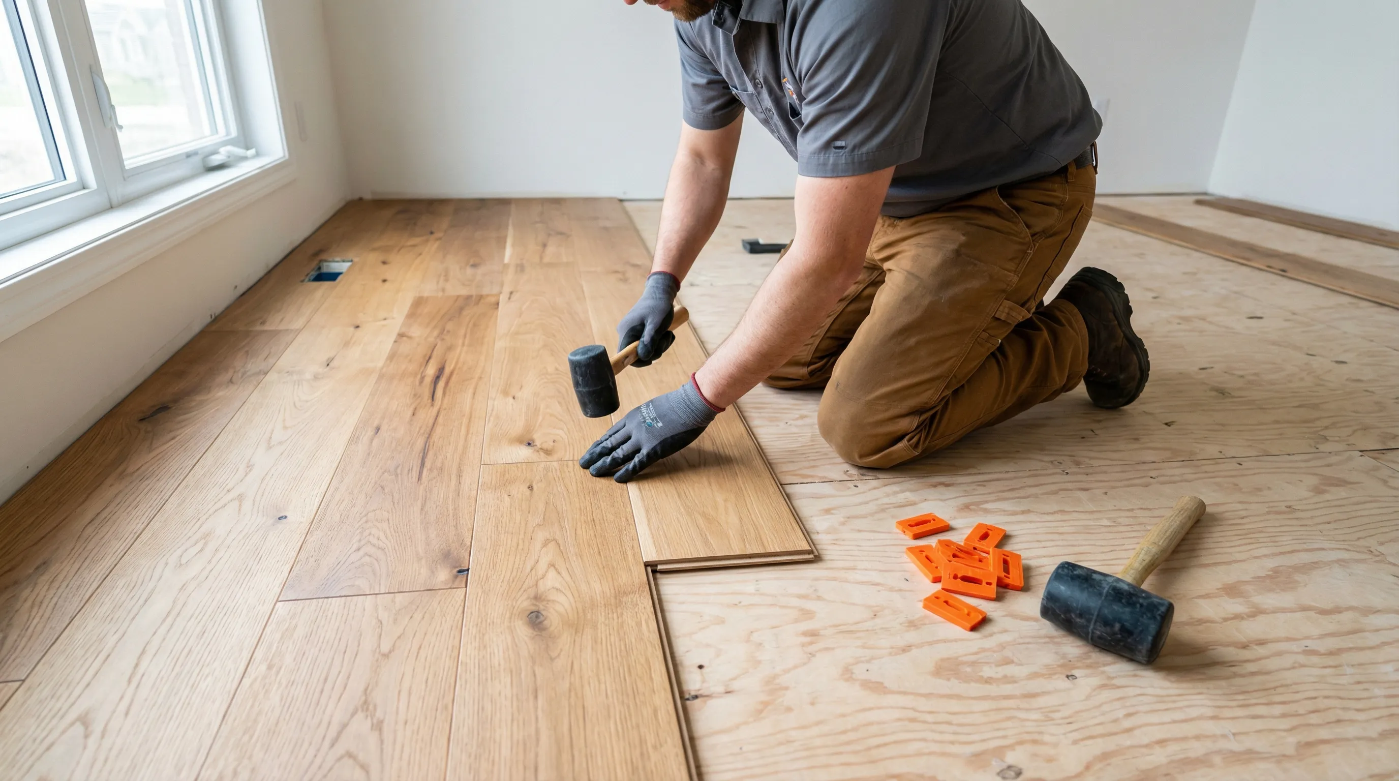 Installer fitting engineered hardwood planks on a clean subfloor