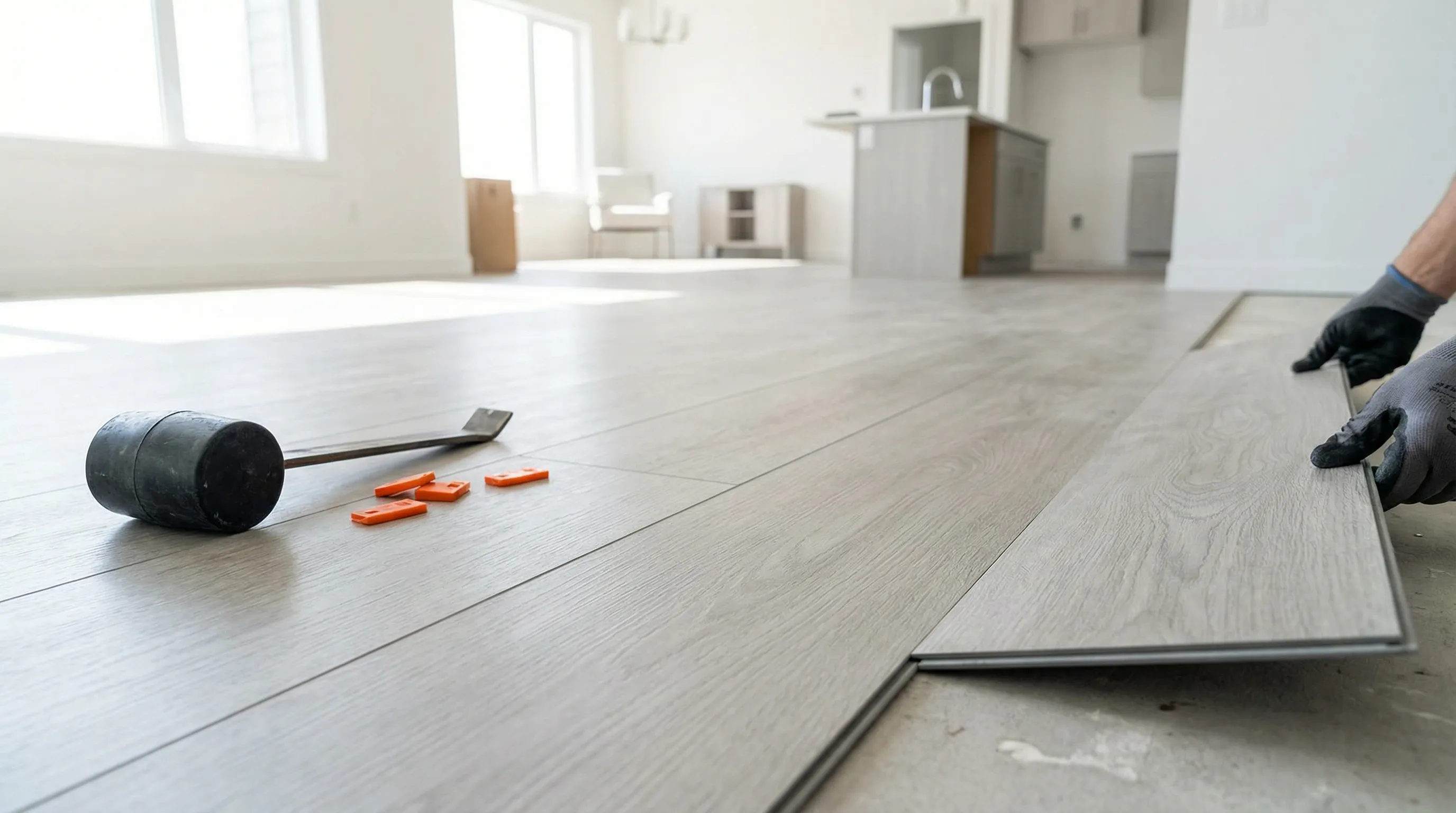Luxury vinyl plank click-lock flooring being installed in a living area