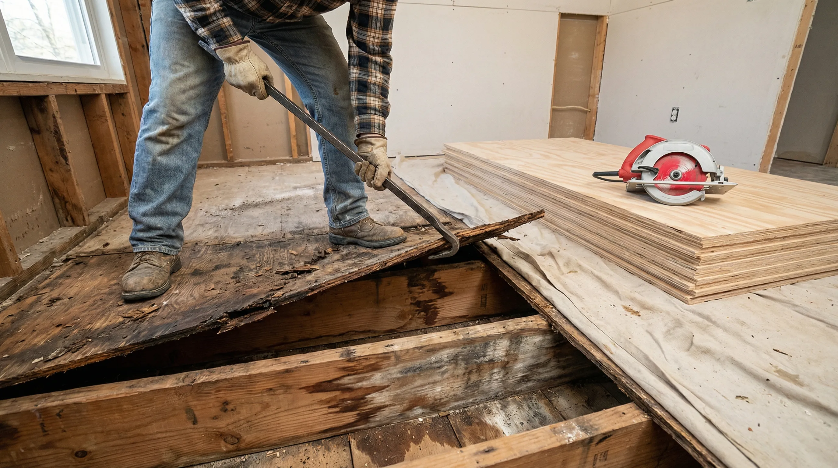 Damaged plywood subfloor being removed to expose floor joists