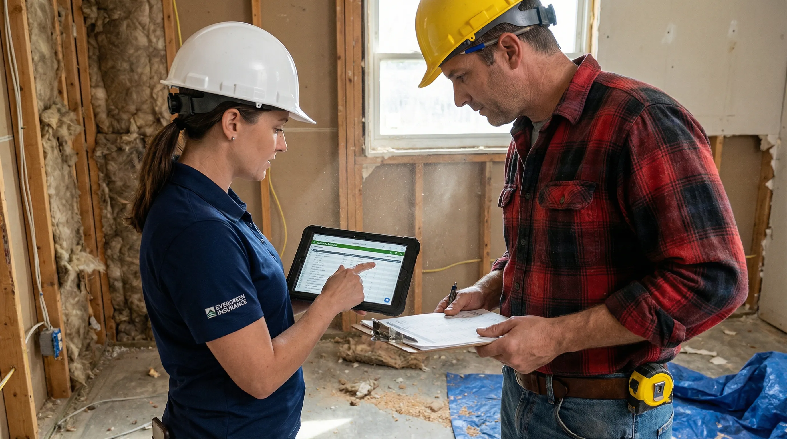 Contractor and insurance adjuster reviewing Xactimate estimate on site