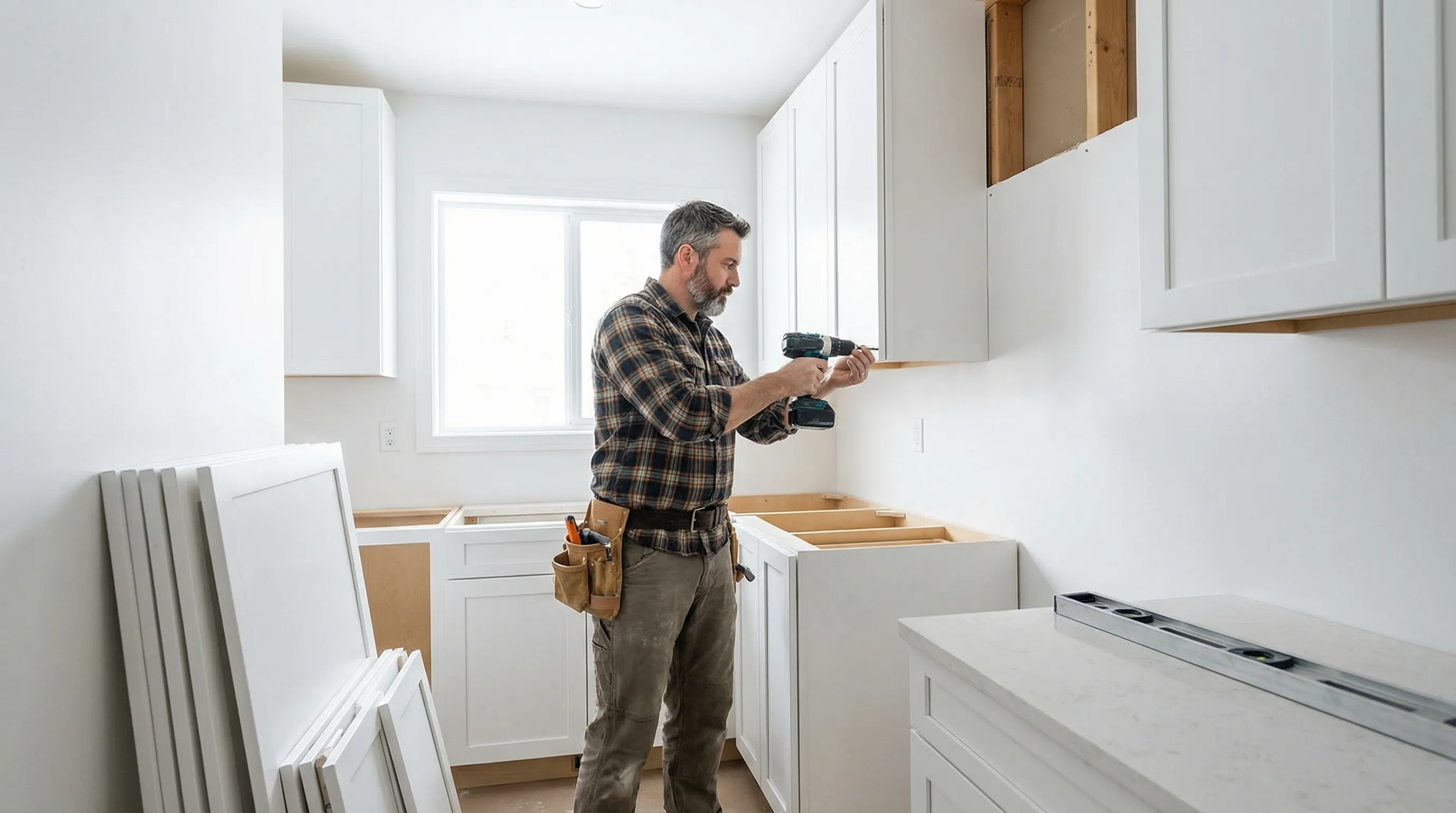 Carpenter installing kitchen cabinets on freshly drywalled wall