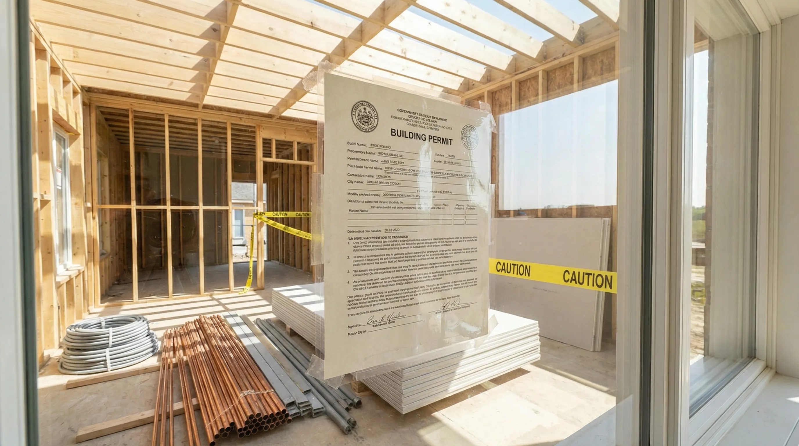 Building permit posted at a reconstruction site