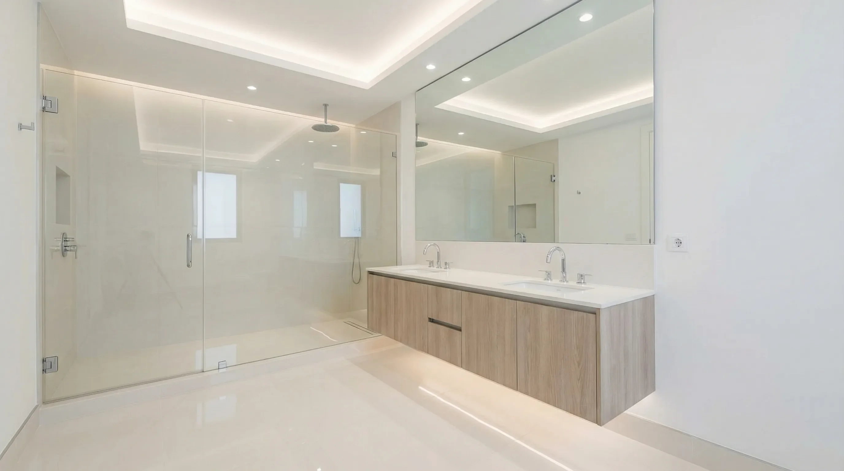 Fully rebuilt bathroom after water damage with new tile and fixtures