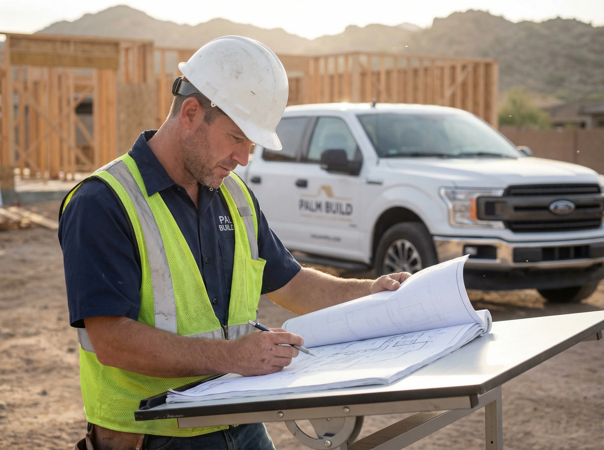 Licensed reconstruction contractor in Palm Build uniform reviewing blueprints at construction site