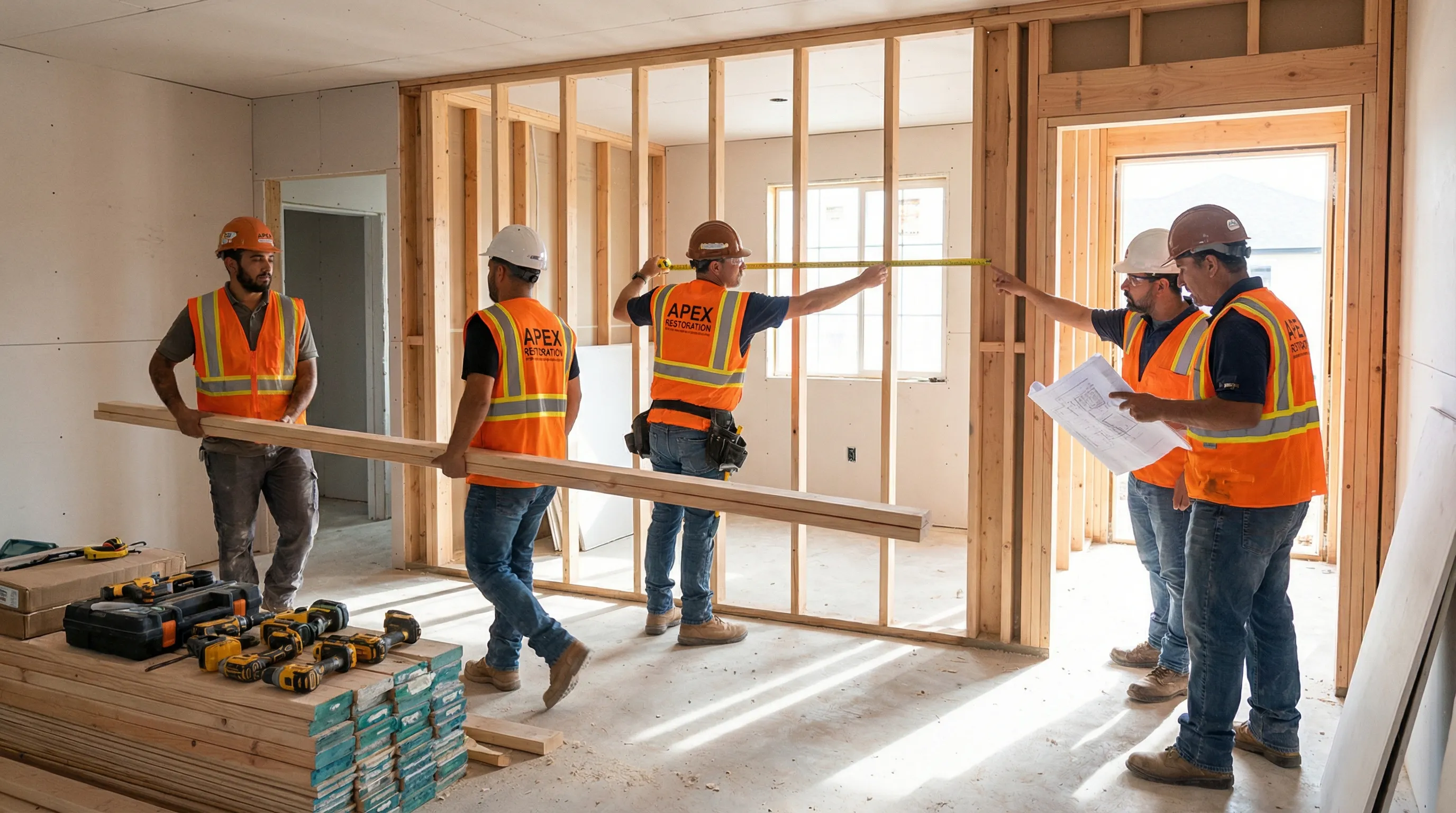 Reconstruction team reviewing project plans and insurance documentation