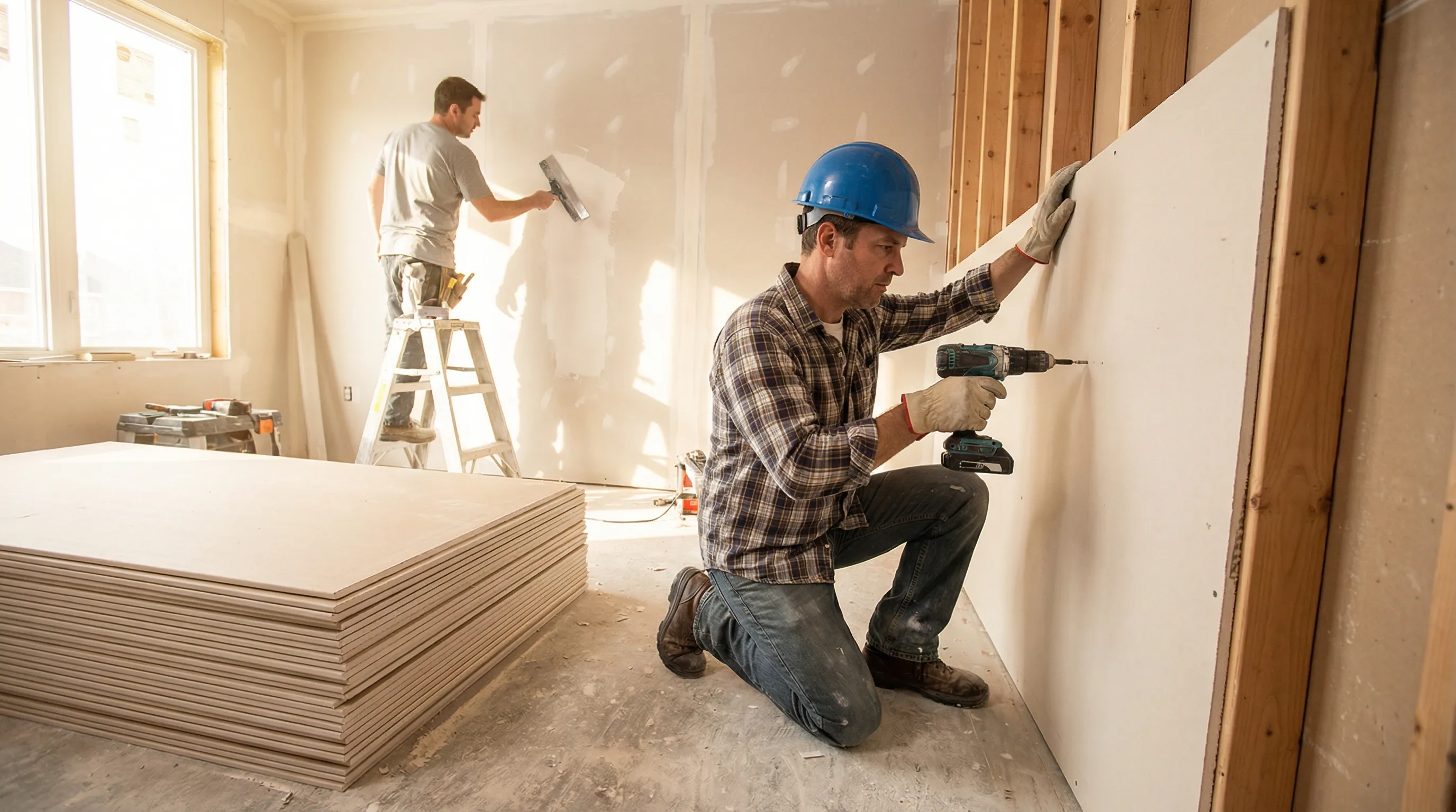 Professional drywall installation during home reconstruction