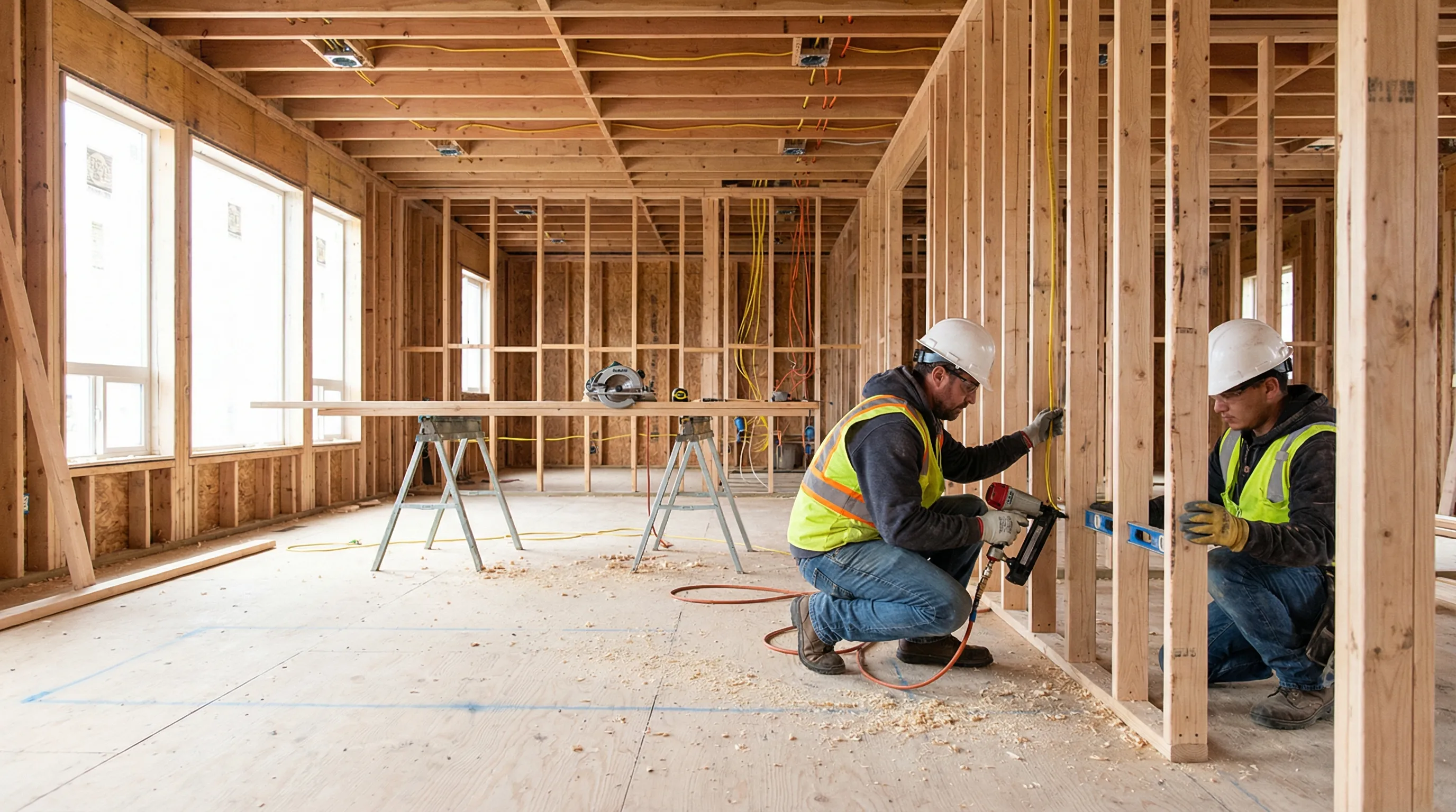 Structural framing work during residential reconstruction