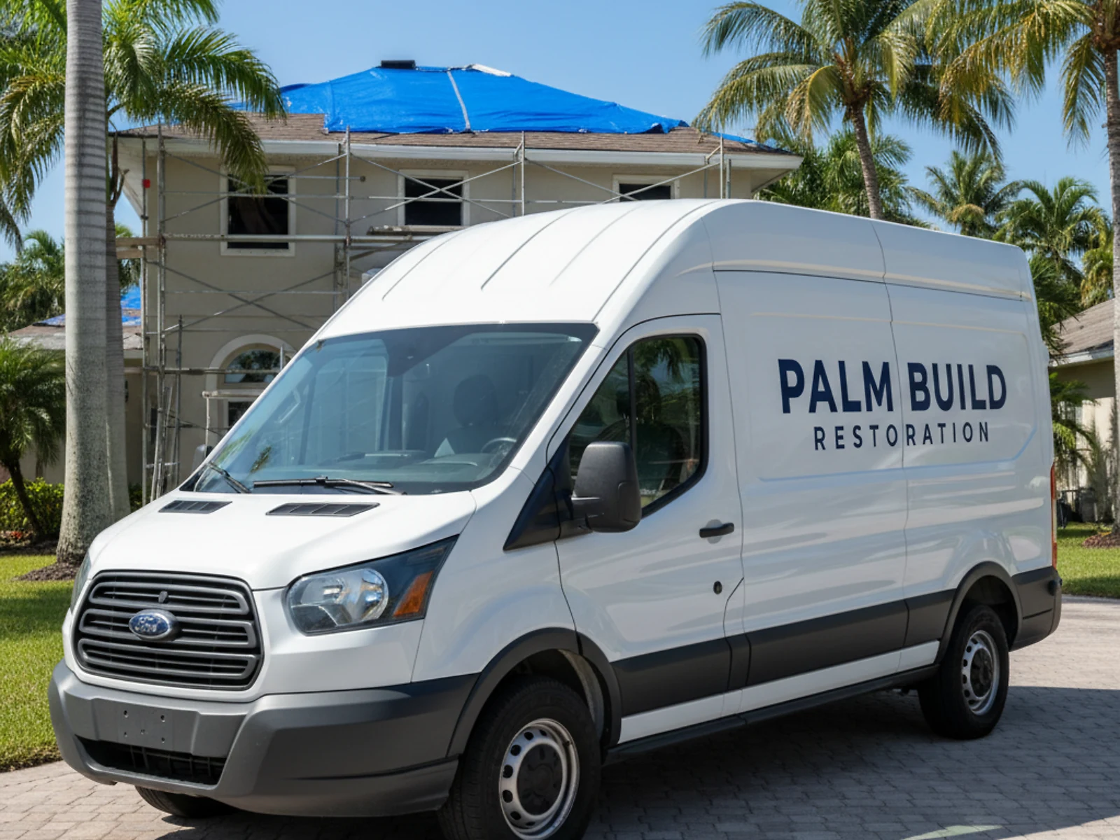 Palm Build Restoration work van parked at a South Florida home undergoing reconstruction