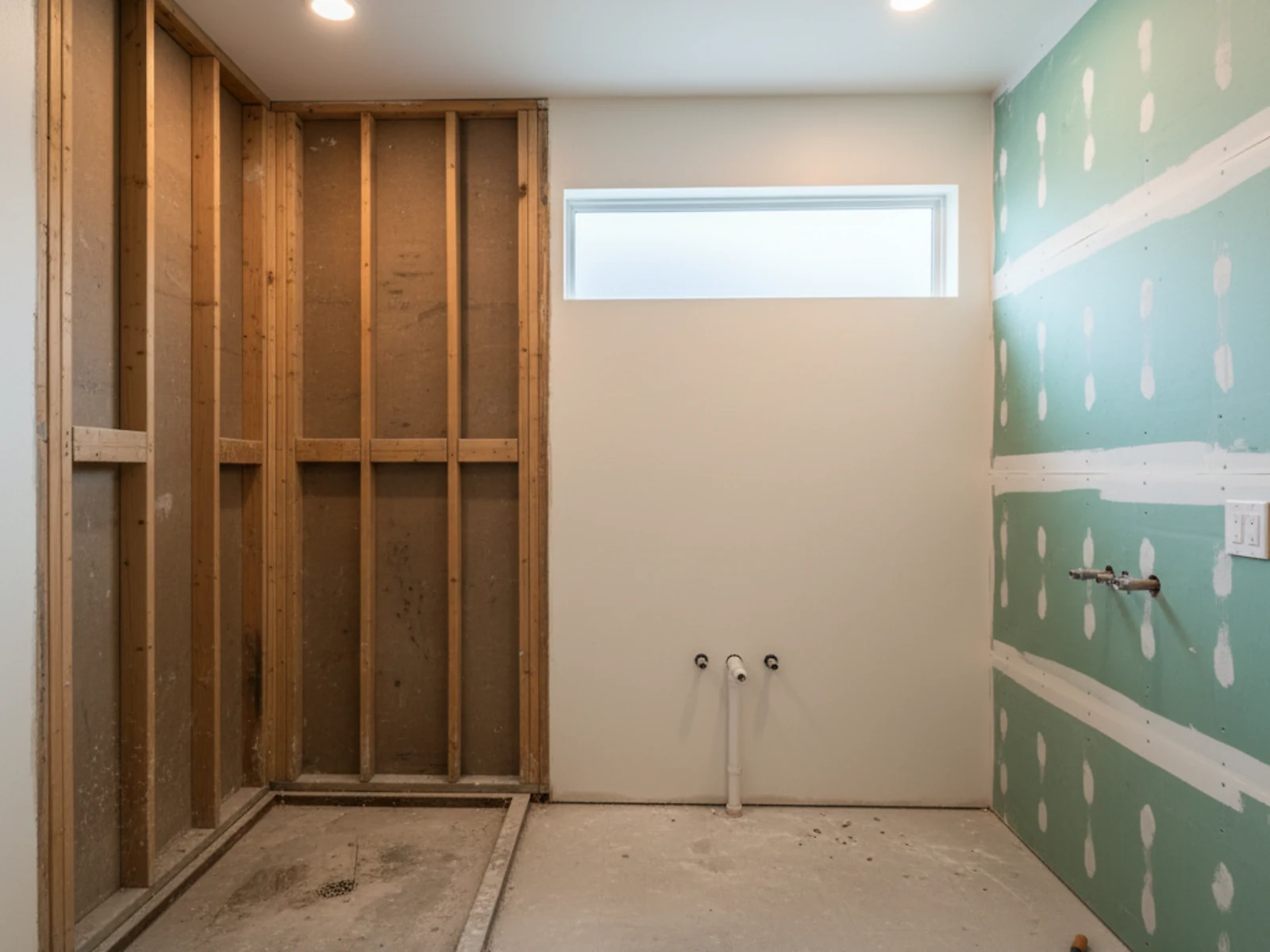 Bathroom stripped to studs and subfloor after water damage before Palm Build reconstruction