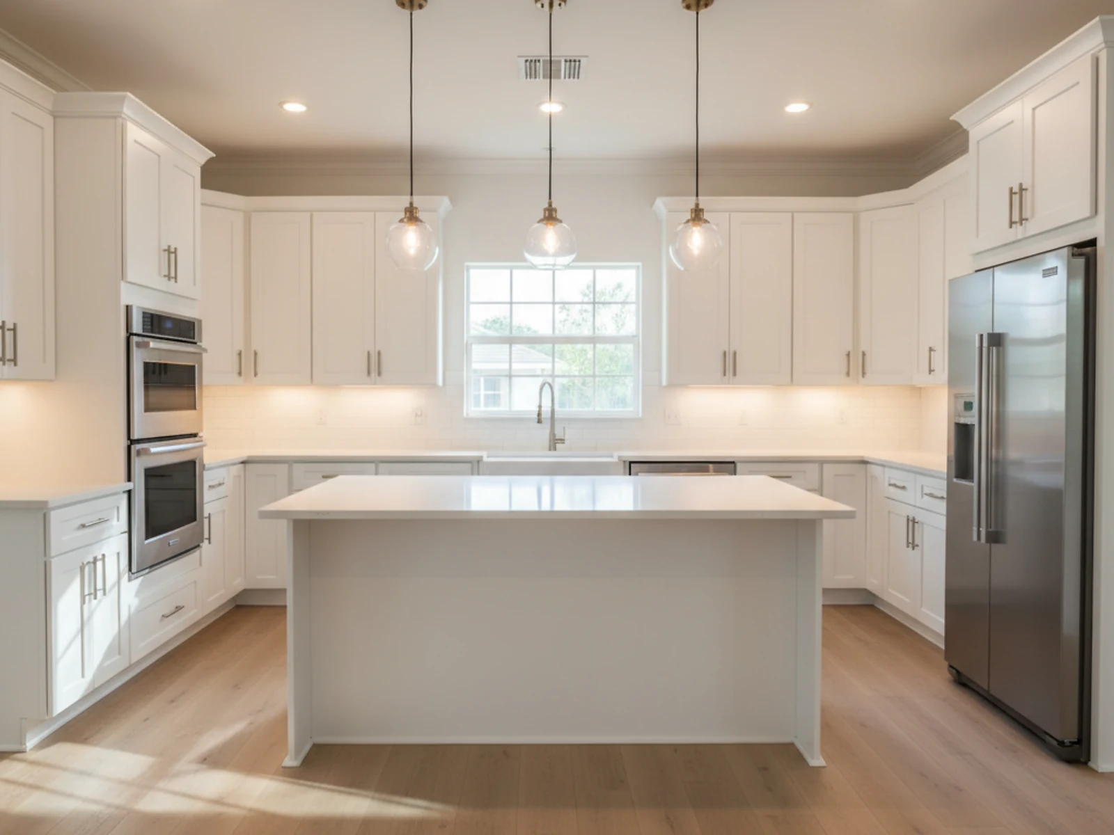Fully rebuilt modern kitchen with white shaker cabinets and quartz island completed by Palm Build