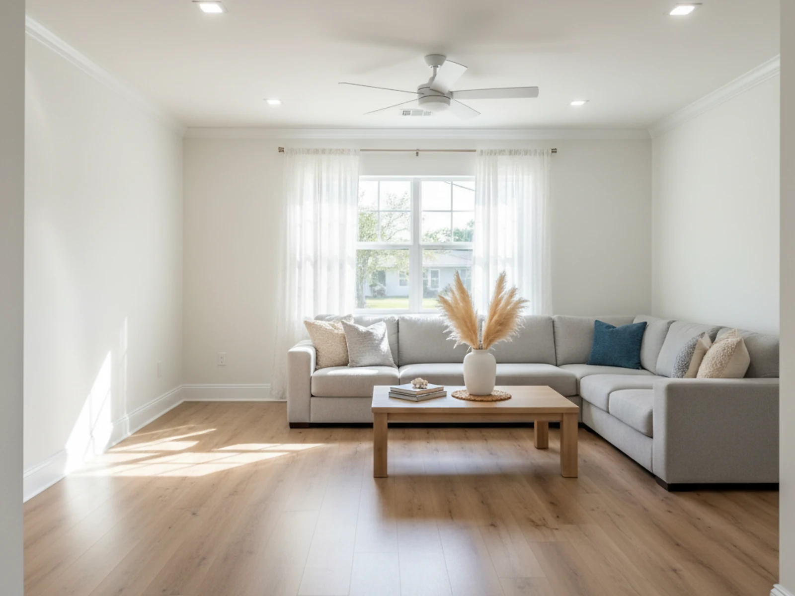 Fully rebuilt bright living room with new flooring, walls, and finishes completed by Palm Build