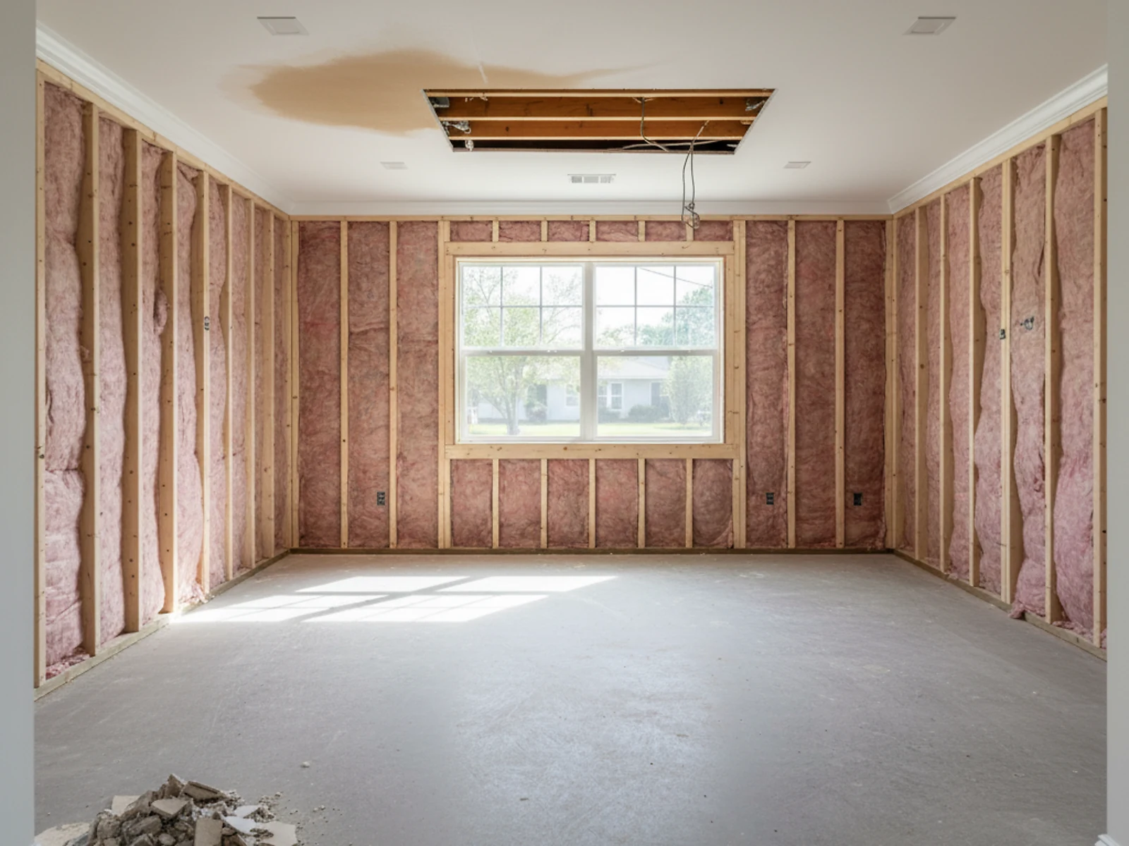 Living room stripped to studs and bare subfloor after water and storm damage before Palm Build reconstruction