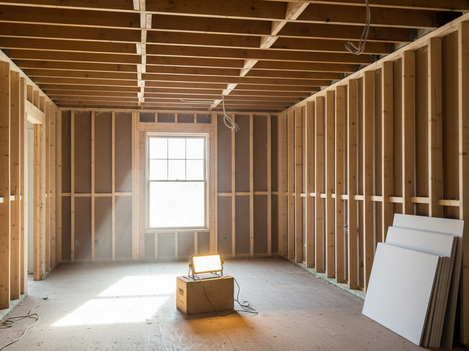 Interior demolished to studs and subfloor during Palm Build restoration dry-out