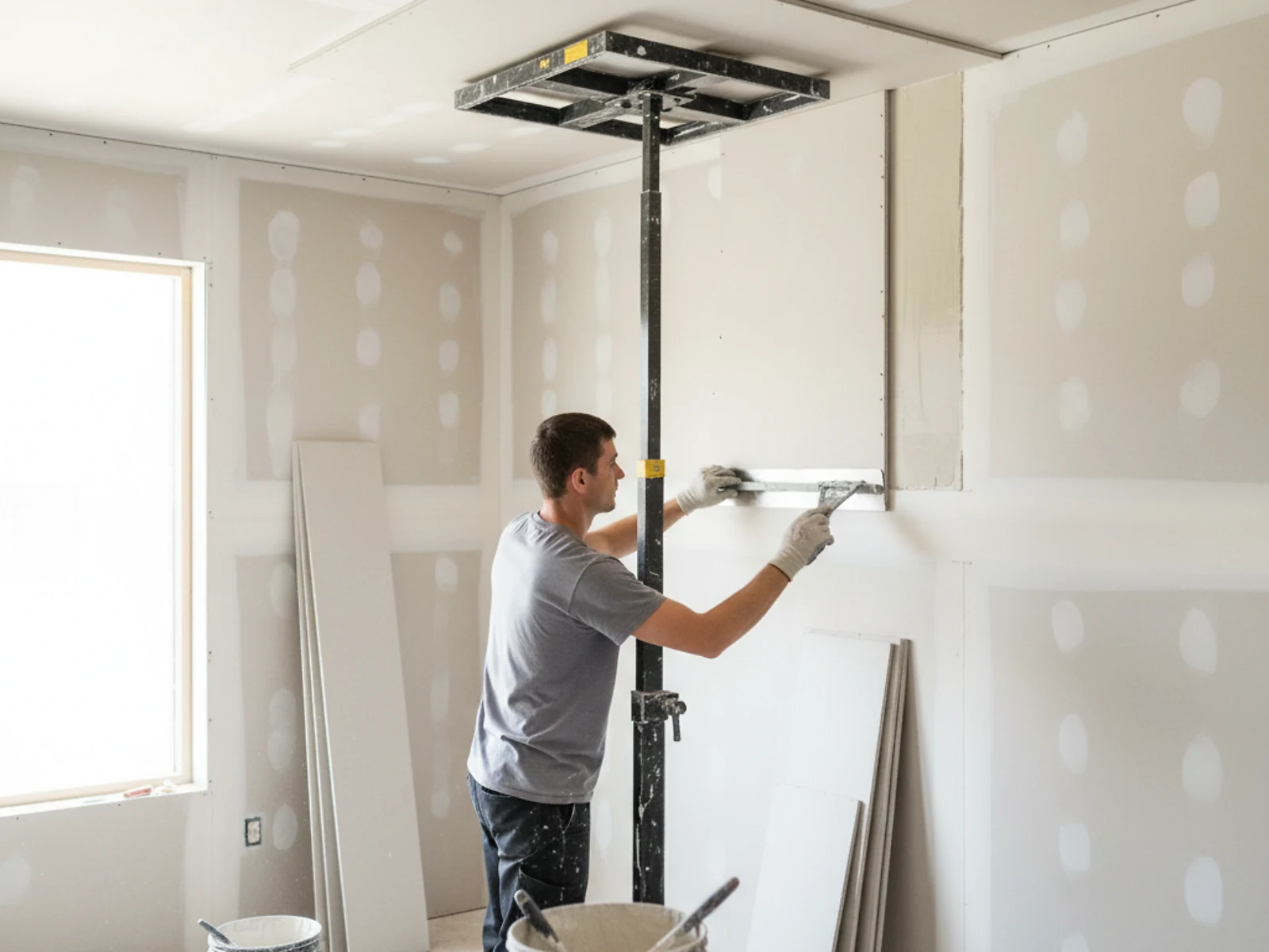 Worker hanging and taping new drywall during a Palm Build rebuild