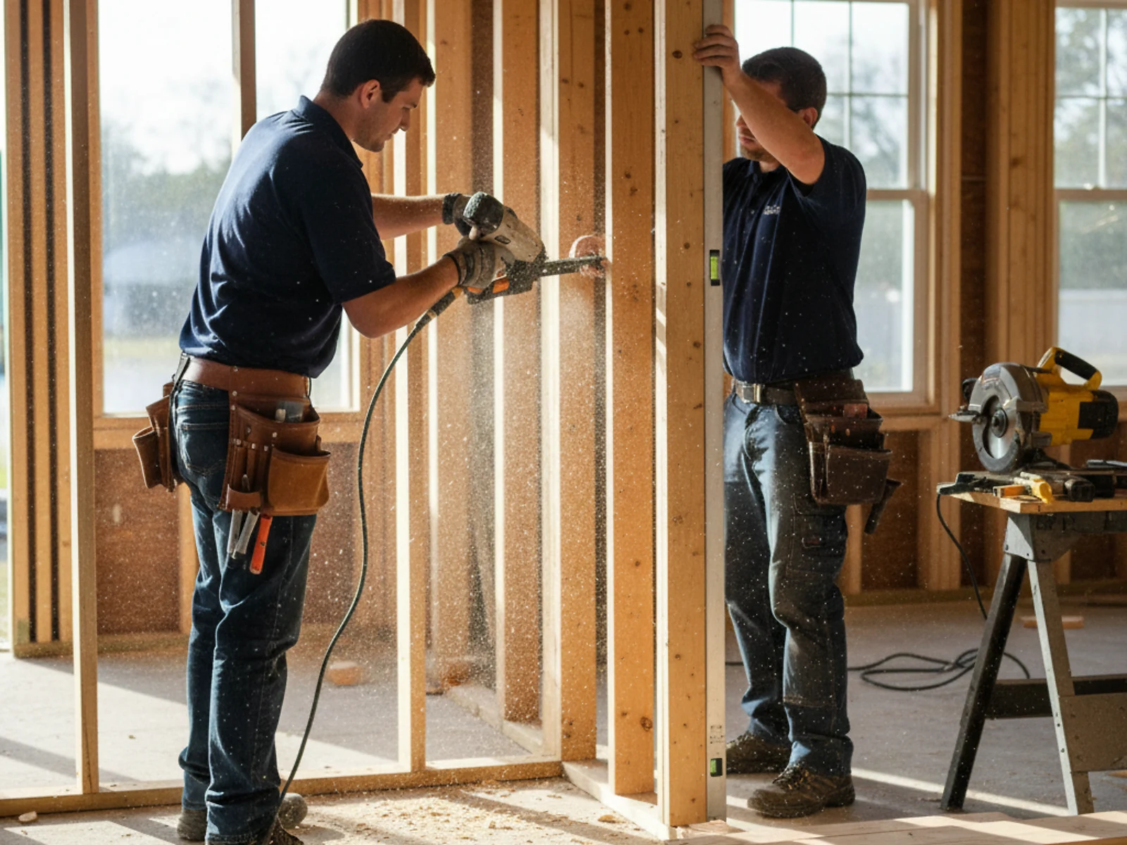 Palm Build crew installing new wood wall framing during reconstruction