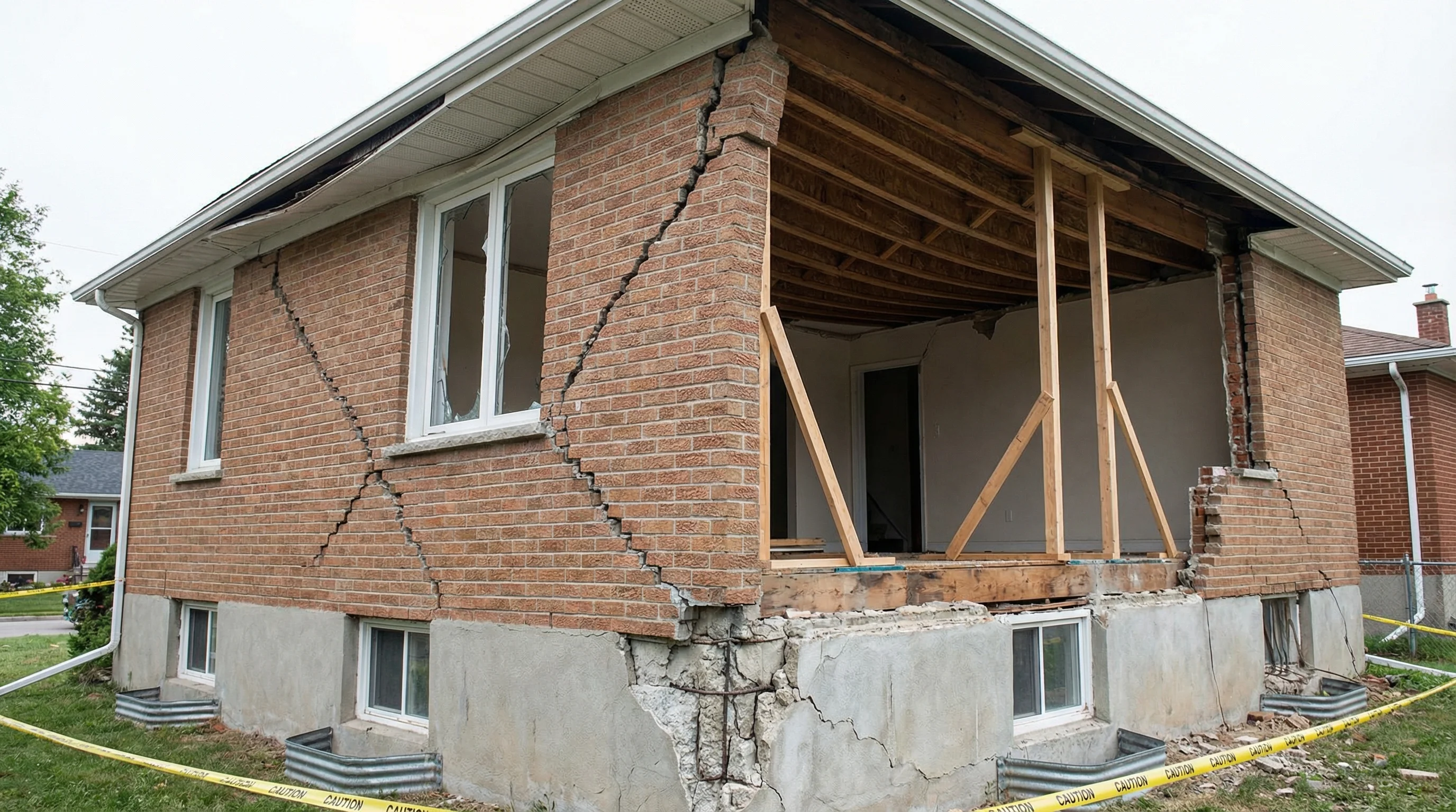 Severe structural damage to building with compromised walls and foundation requiring reconstruction