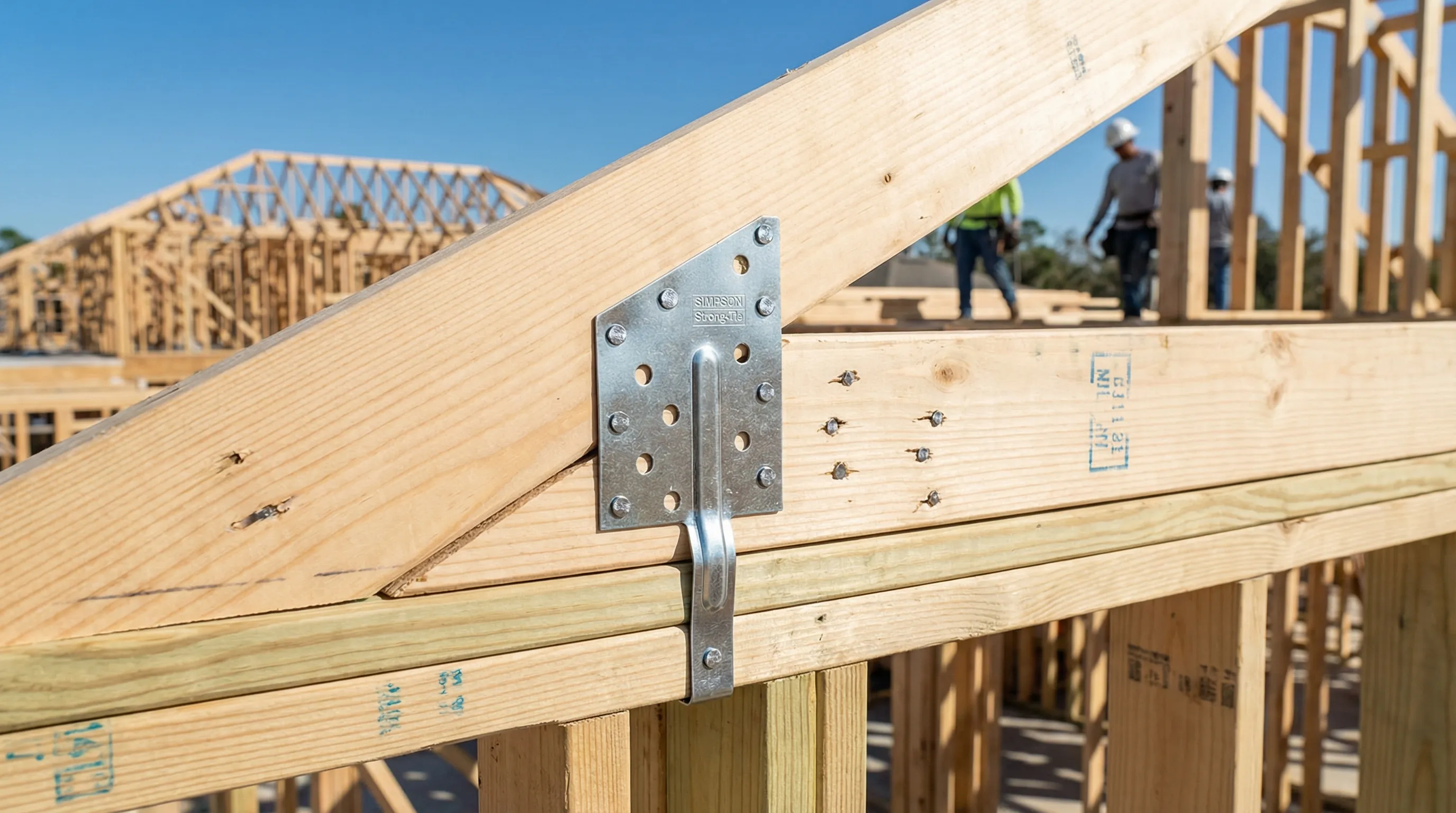 Hurricane straps connecting roof trusses to wall framing
