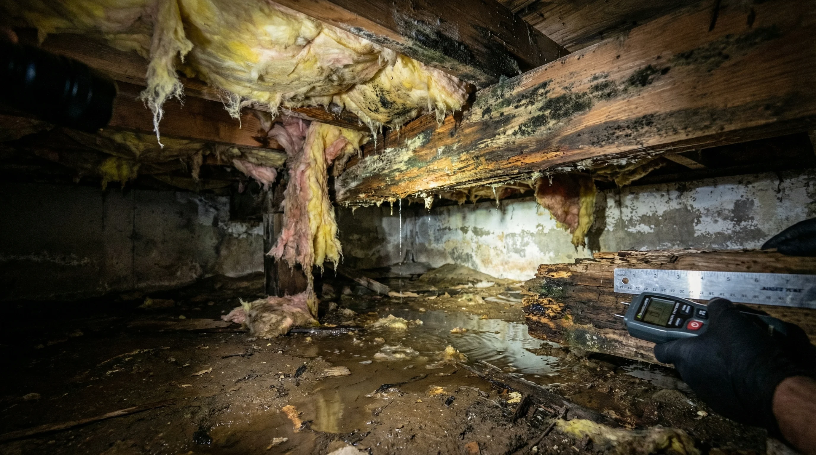 Severe water damage with rotted floor joists and structural failure requiring reconstruction