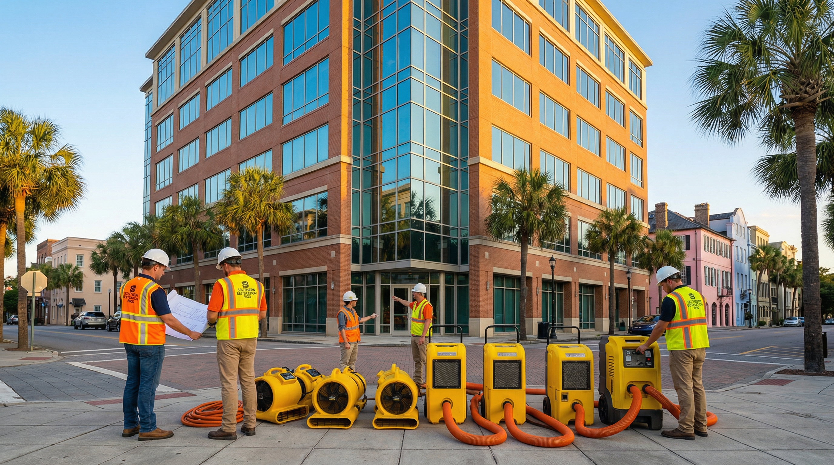 Commercial property restoration project underway in South Carolina with professional equipment staged