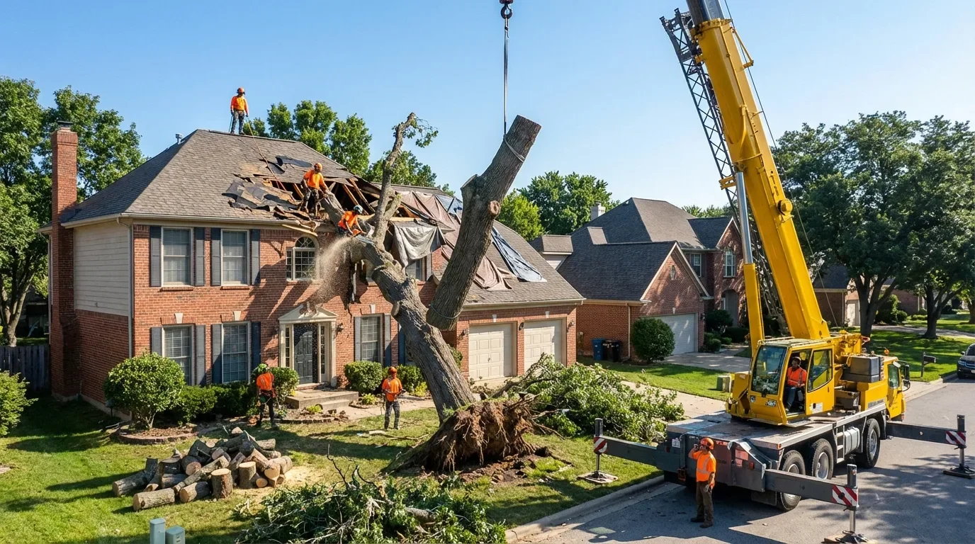 Professional arborist crew safely removing fallen tree from residential roof using crane