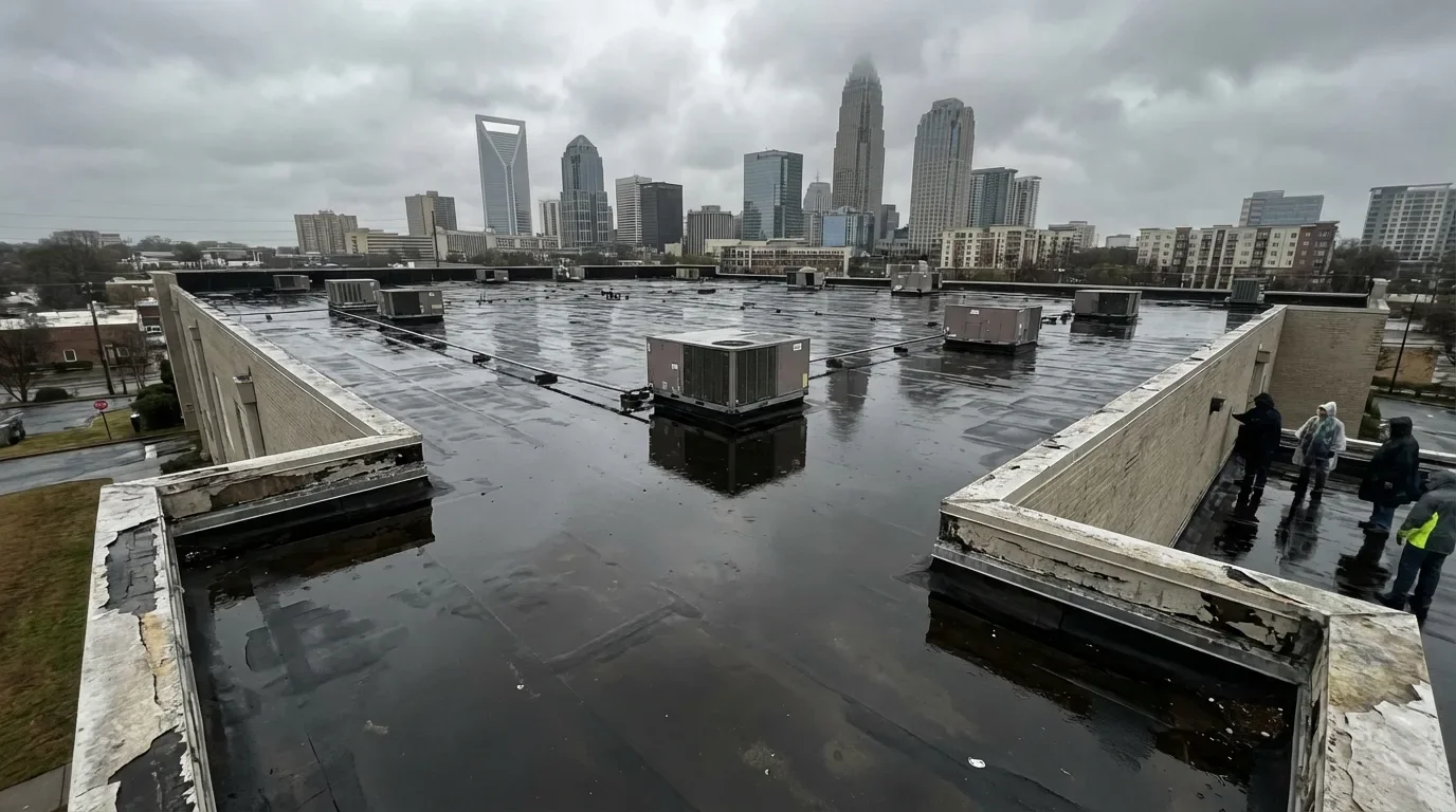 Commercial flat roof with wind damage to membrane and HVAC equipment