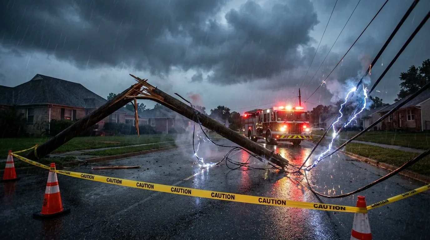 Downed power lines across residential street after tornado event