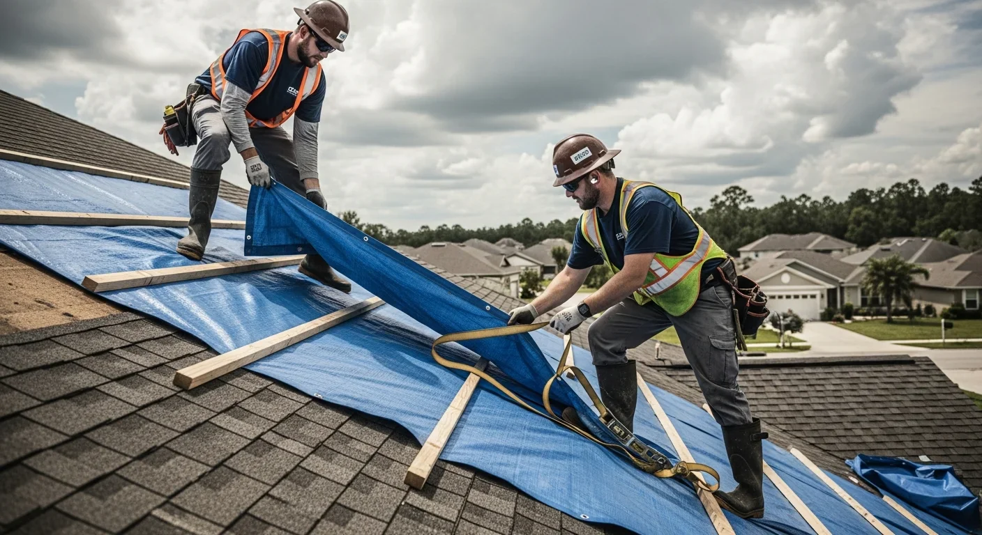 Palm Build technicians installing emergency reinforced blue tarp on residential roof