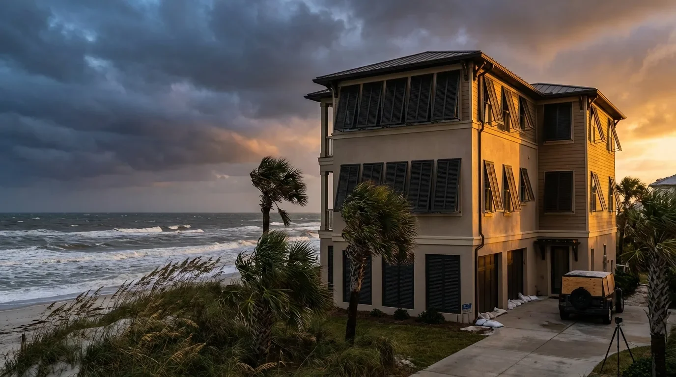 Home with hurricane shutters installed as pre-storm preparation in Florida