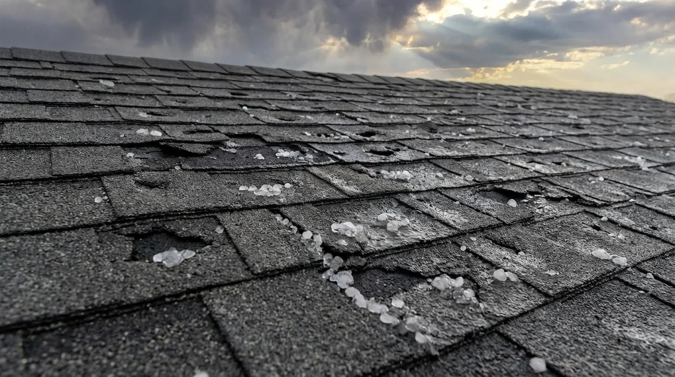 Close-up of severe hail damage to roof shingles showing impact dents and granule loss