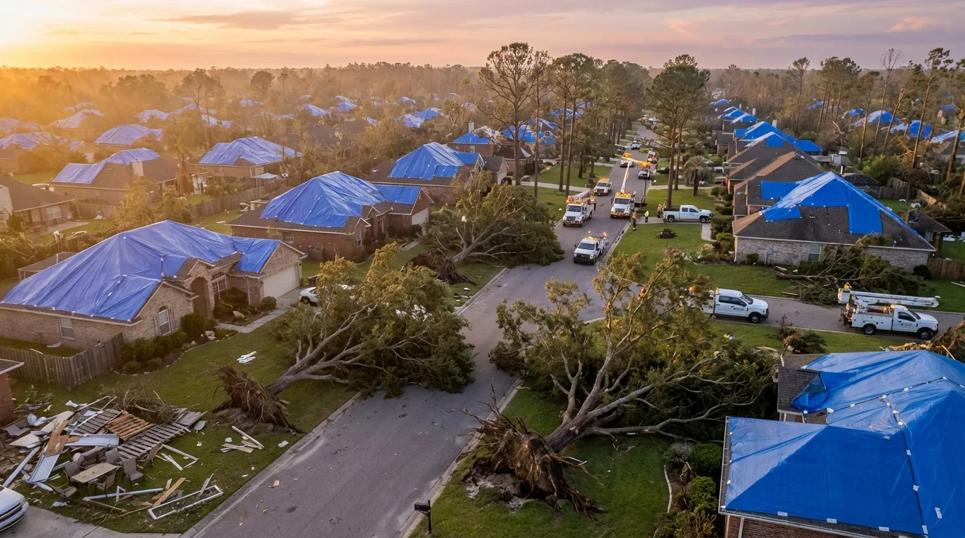 Aerial view of neighborhood after hurricane showing widespread blue tarps and debris