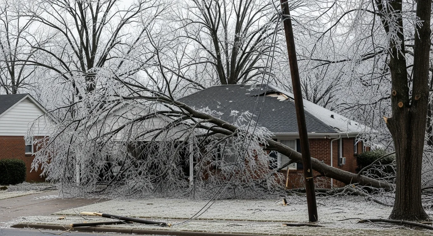 North Carolina residential ice storm damage with bowed tree limbs